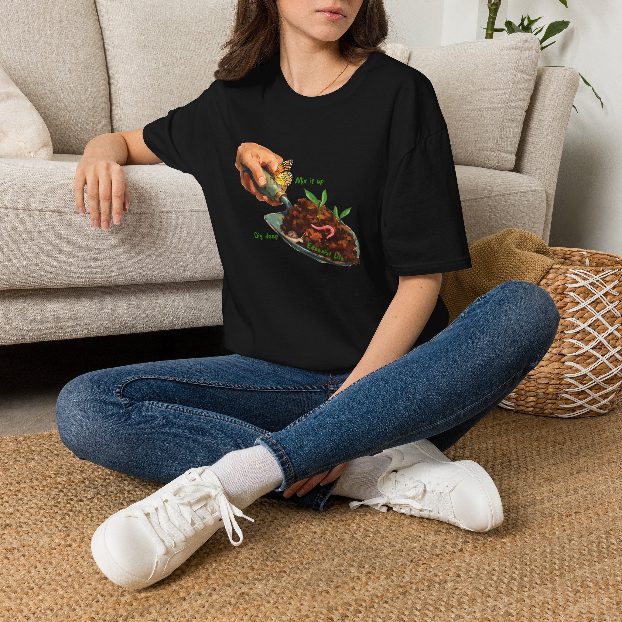 Gardener’s Trowel Tee — “Dig Deep / Mix It Up / Ecoexist Life” Gardening Graphic Shirt