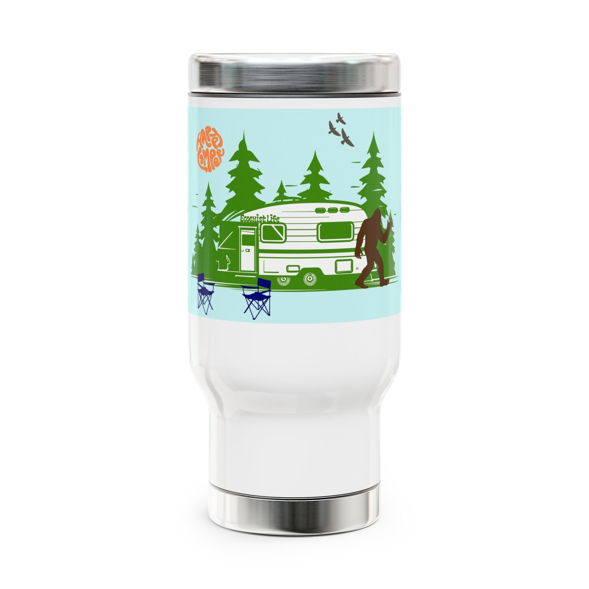 14oz Travel Mug — Camping RV Bigfoot Forest Design- Ecoexist Life Camping Cup