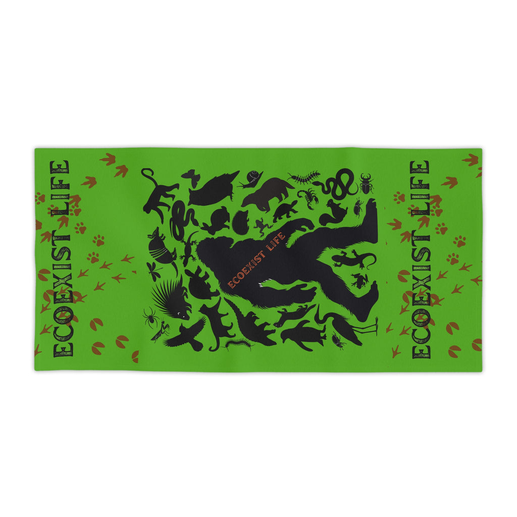 Ecoexist Life Beach Towel — Green Sasquatch & Wildlife Silhouette Beach Towel