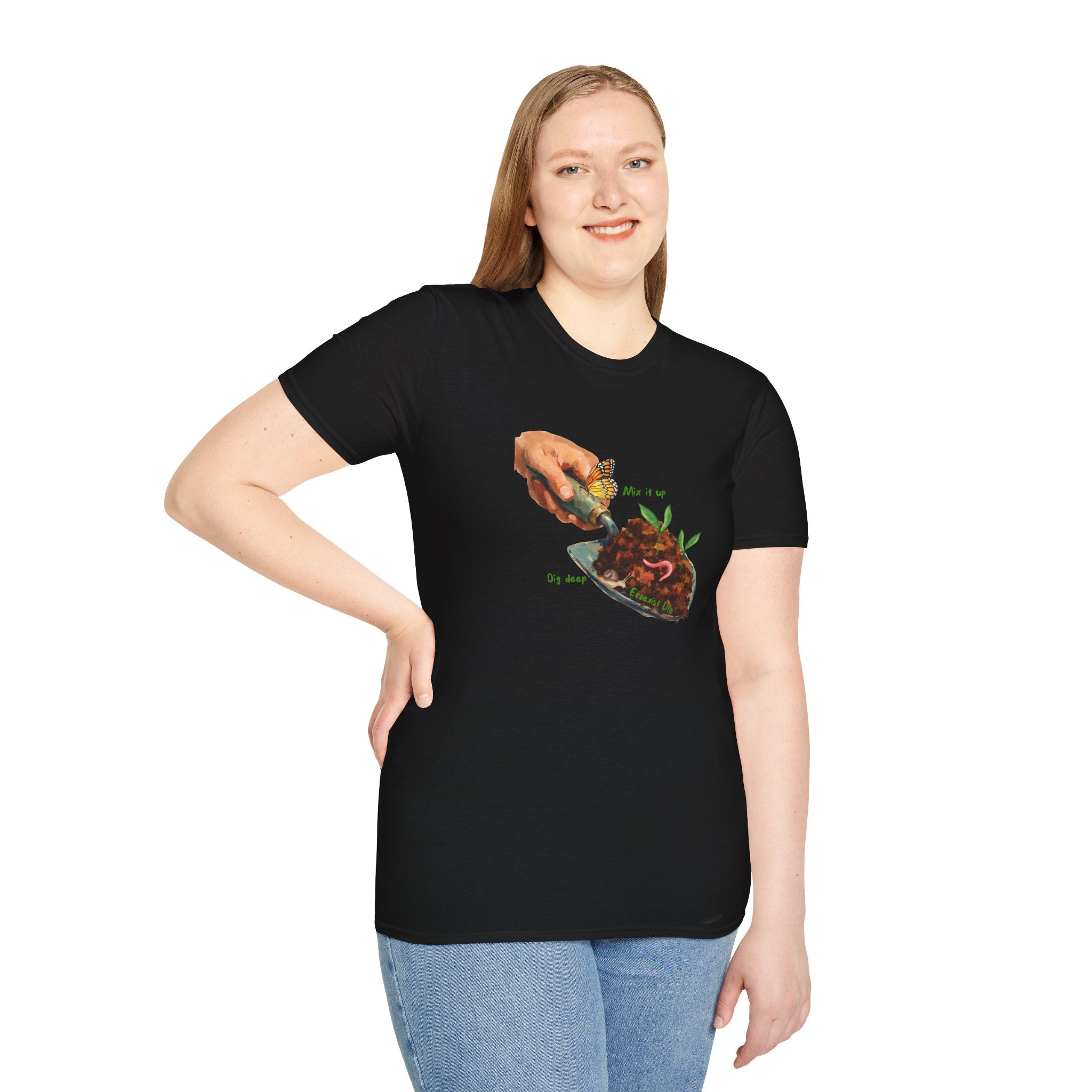 Gardener’s Trowel Tee — “Dig Deep / Mix It Up / Ecoexist Life” Gardening Graphic Shirt