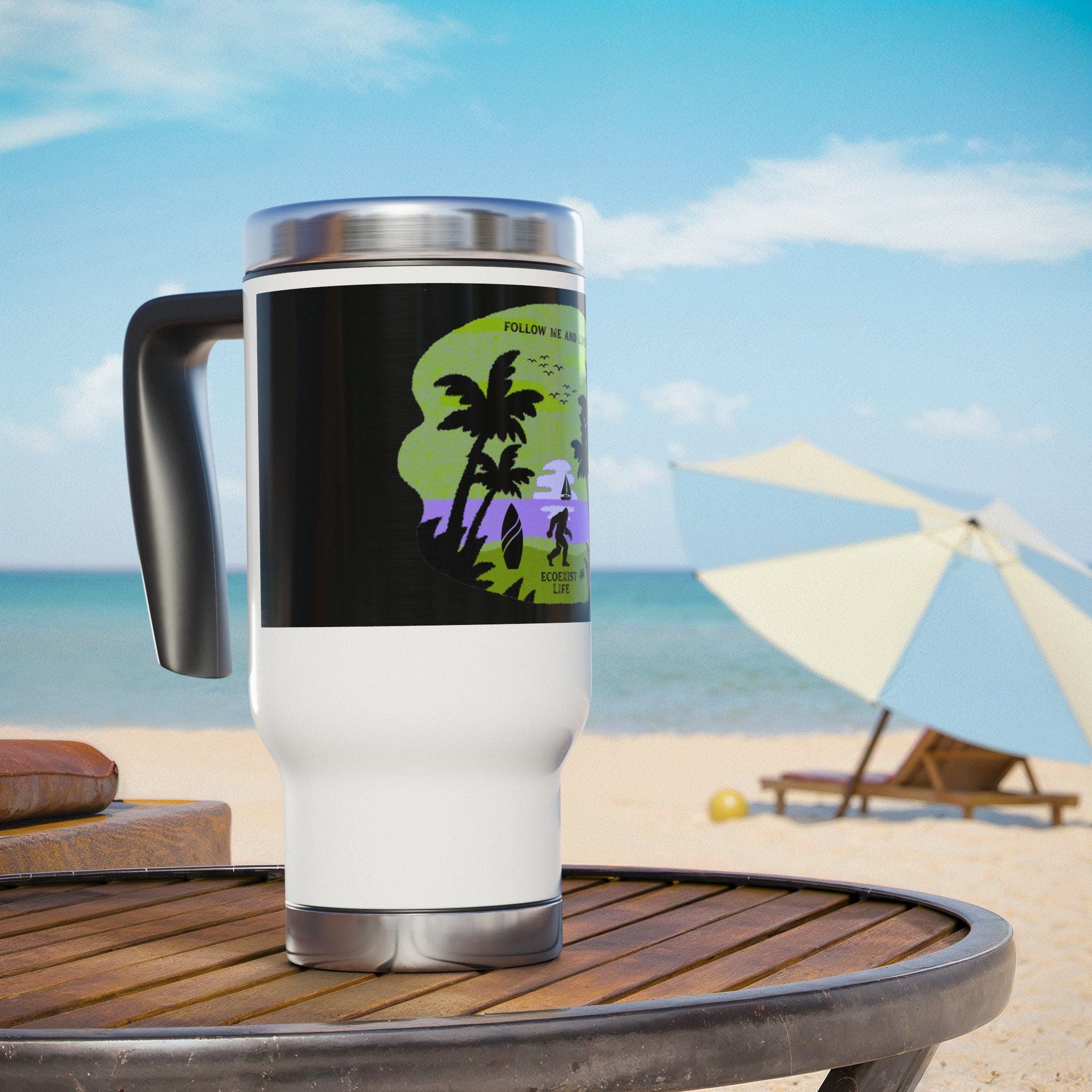 Ecoexist Life Travel Mug — Beach Sunset 'Follow Me and Live Wild' Stainless Steel 14oz