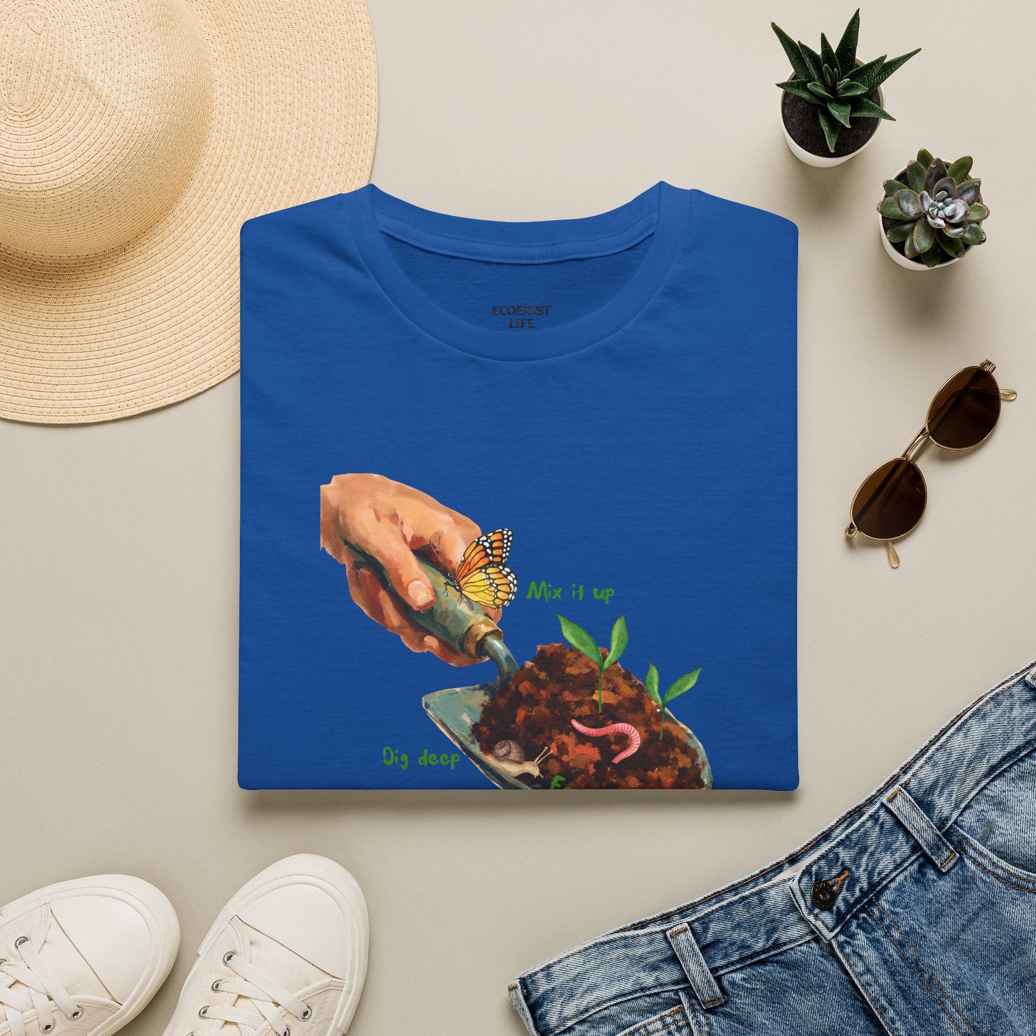 Gardener’s Trowel Tee — “Dig Deep / Mix It Up / Ecoexist Life” Gardening Graphic Shirt