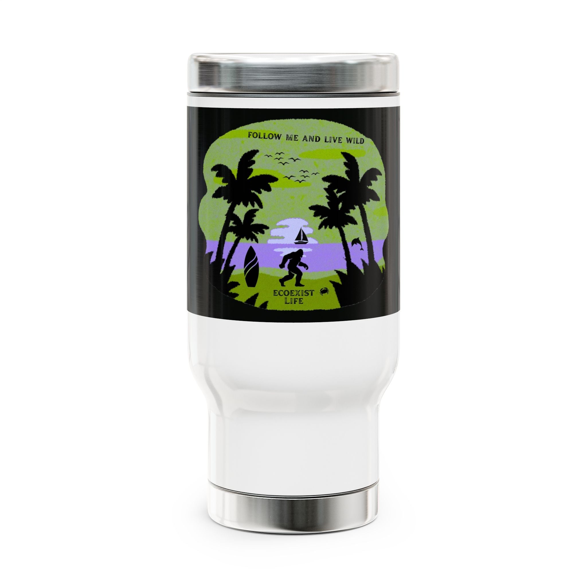 Ecoexist Life Travel Mug — Beach Sunset 'Follow Me and Live Wild' Stainless Steel 14oz