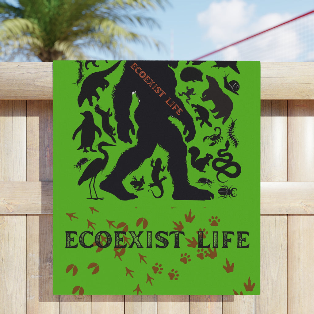 Ecoexist Life Beach Towel — Green Sasquatch & Wildlife Silhouette Beach Towel