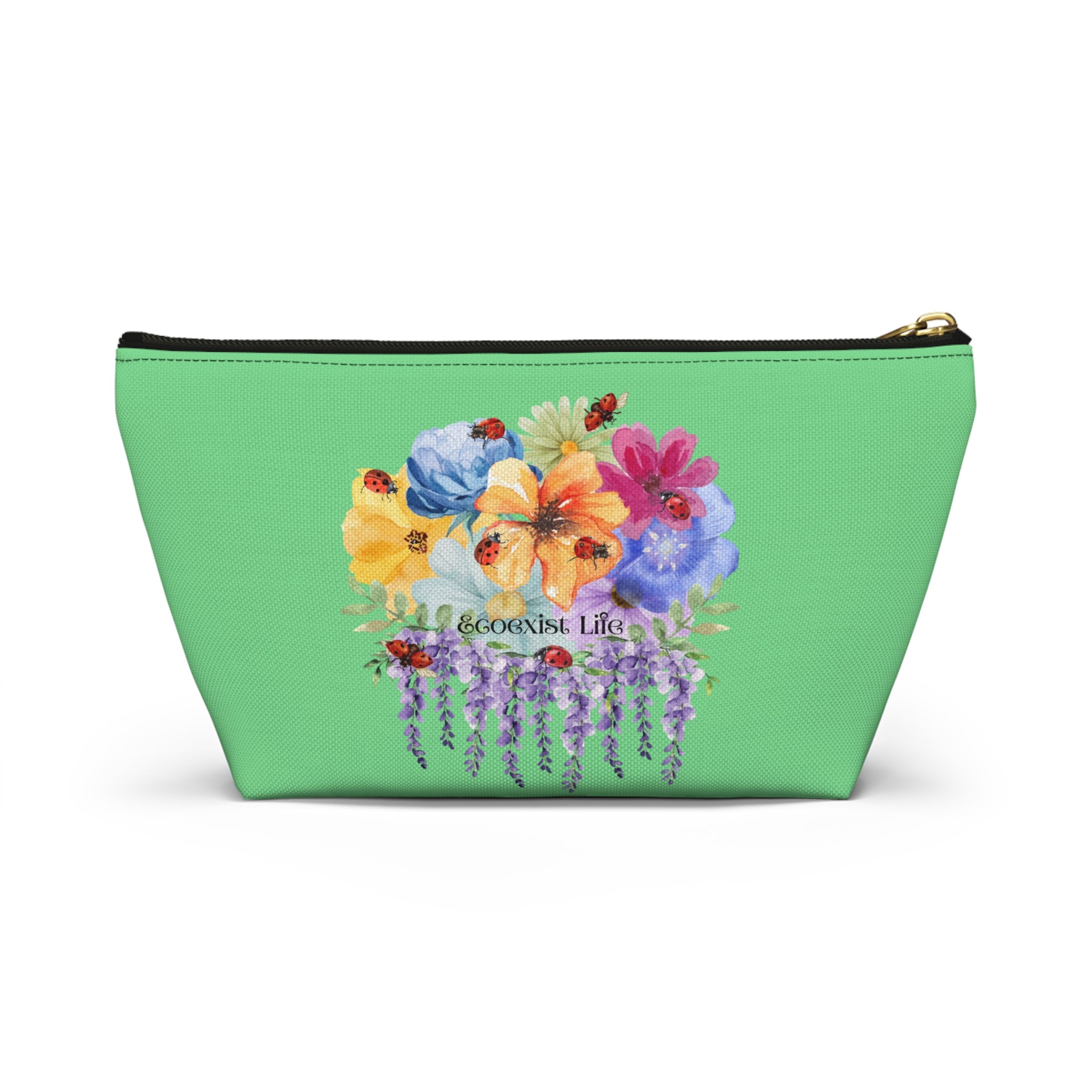 Floral Pansy Accessory Pouch —Ecoexist Life Green T‑Bottom Makeup Bag