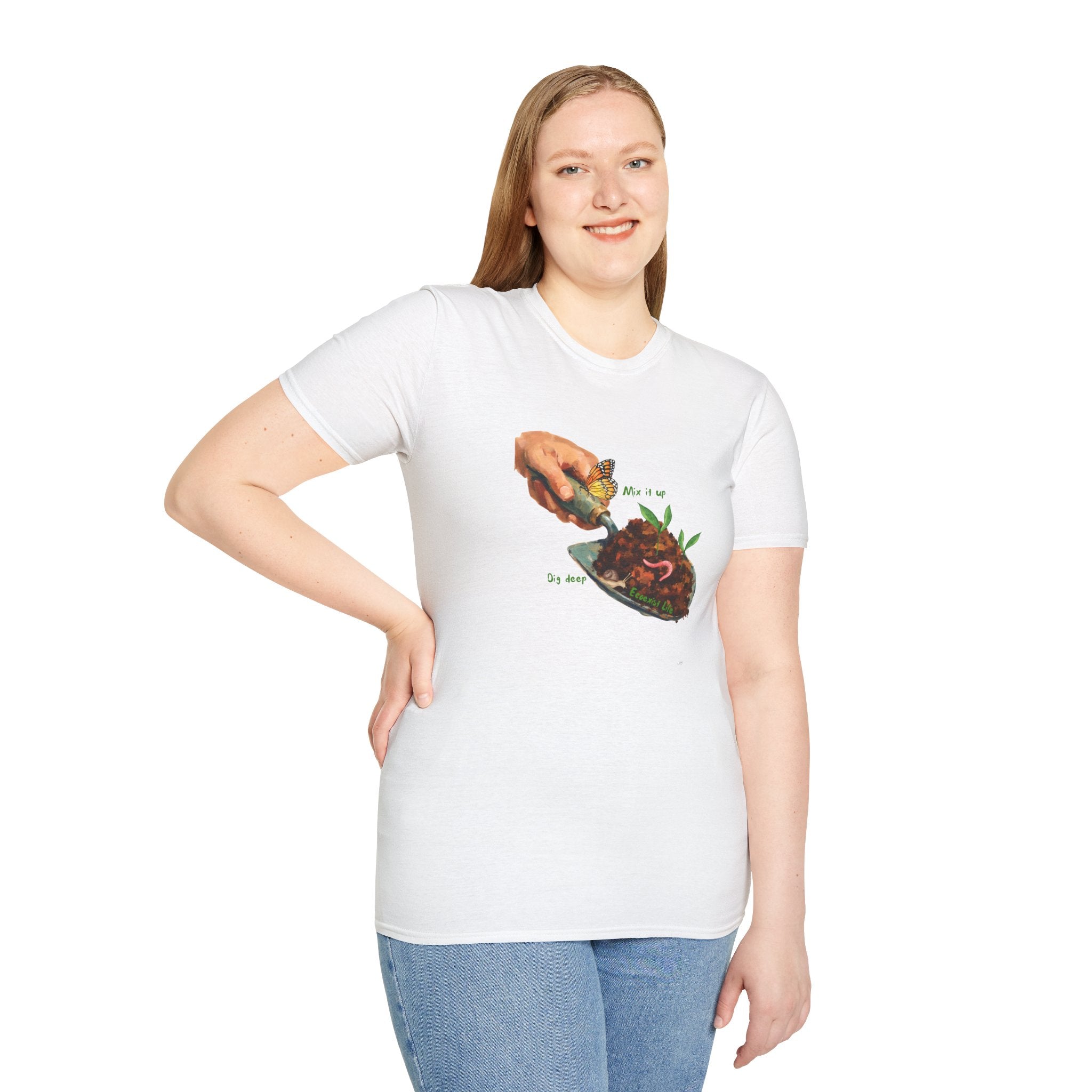 Gardener’s Trowel Tee — “Dig Deep / Mix It Up / Ecoexist Life” Gardening Graphic Shirt