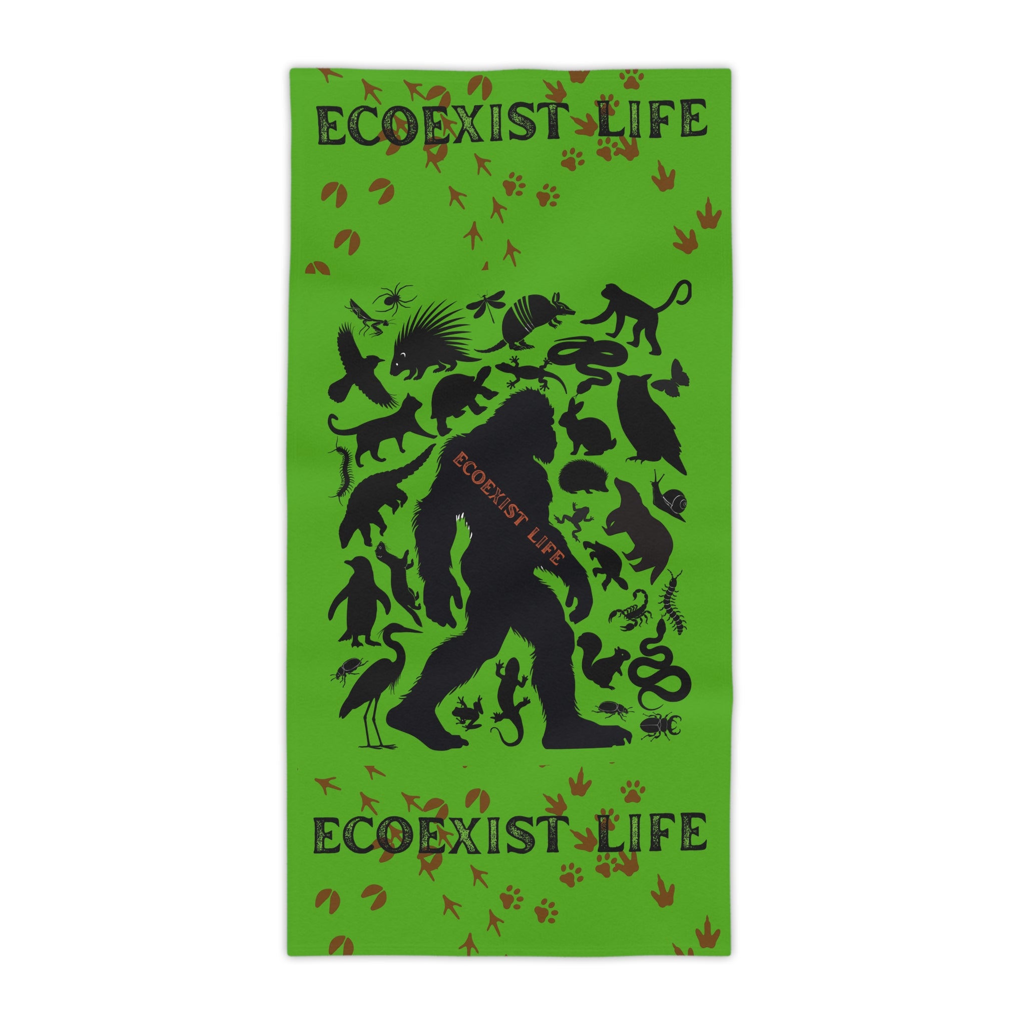Ecoexist Life Beach Towel — Green Sasquatch & Wildlife Silhouette Beach Towel
