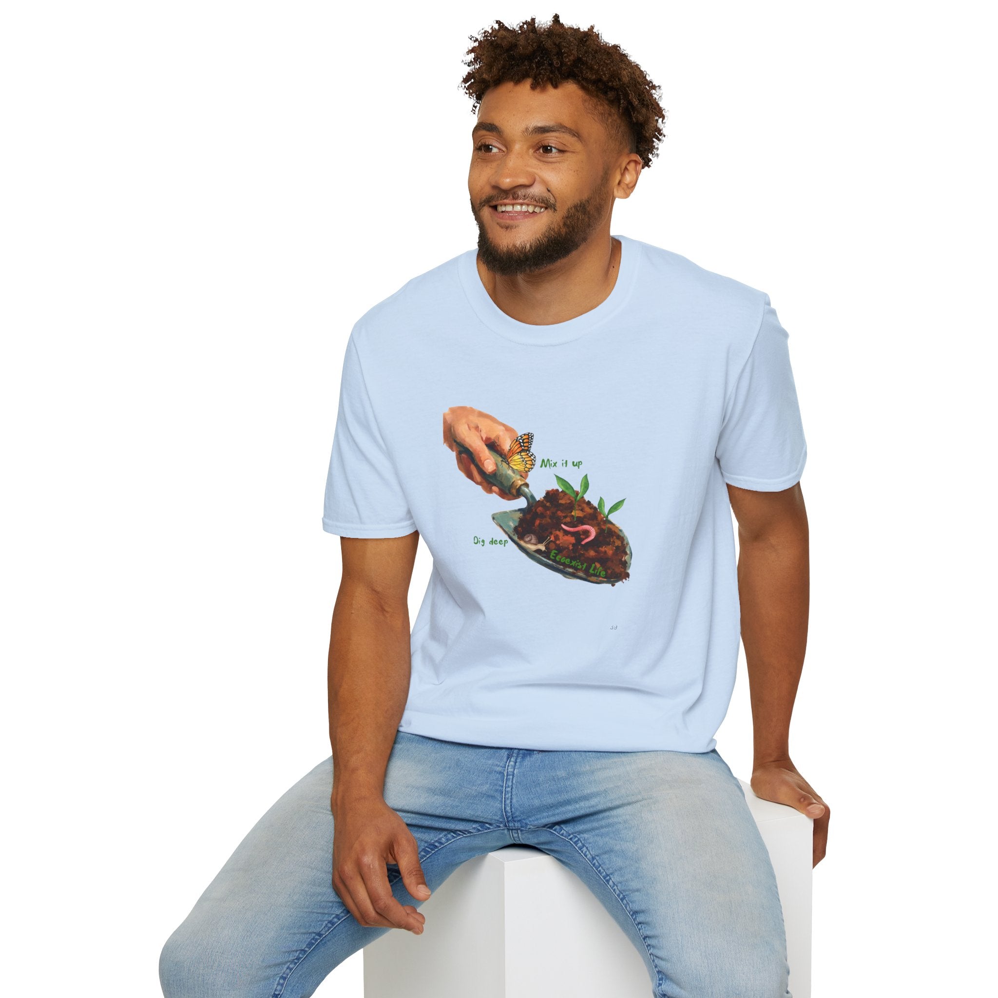 Gardener’s Trowel Tee — “Dig Deep / Mix It Up / Ecoexist Life” Gardening Graphic Shirt