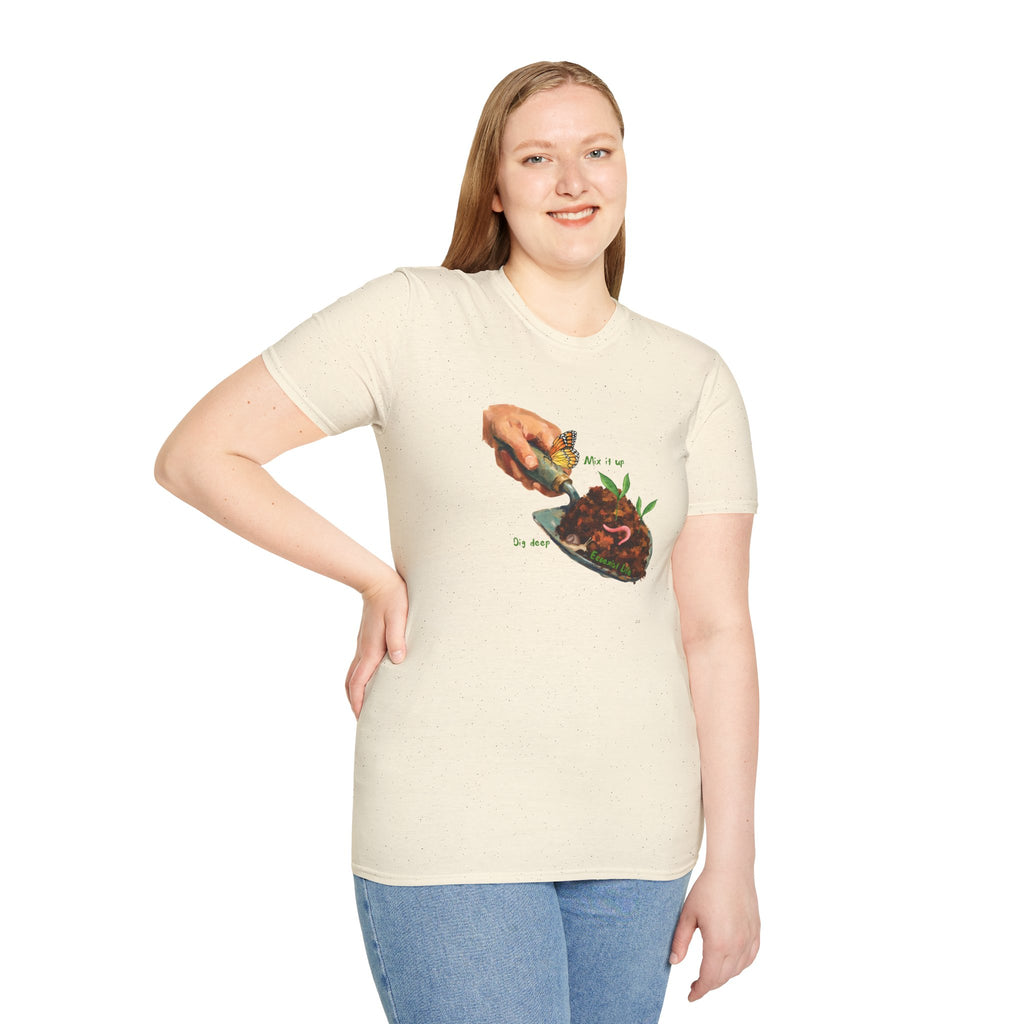 Gardener’s Trowel Tee — “Dig Deep / Mix It Up / Ecoexist Life” Gardening Graphic Shirt