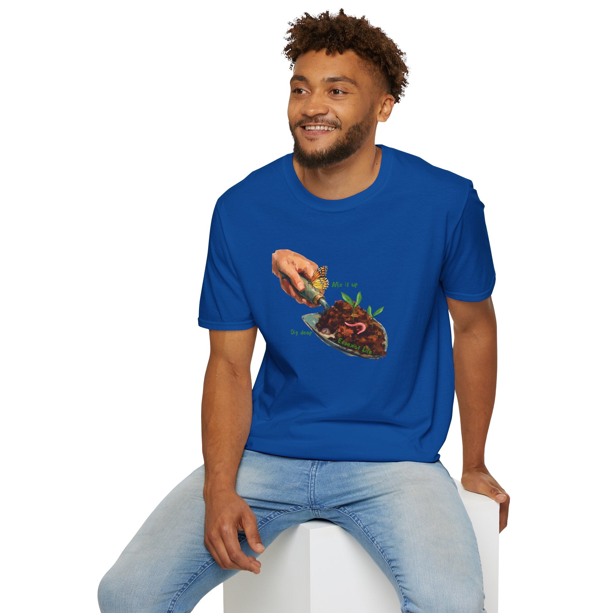 Gardener’s Trowel Tee — “Dig Deep / Mix It Up / Ecoexist Life” Gardening Graphic Shirt
