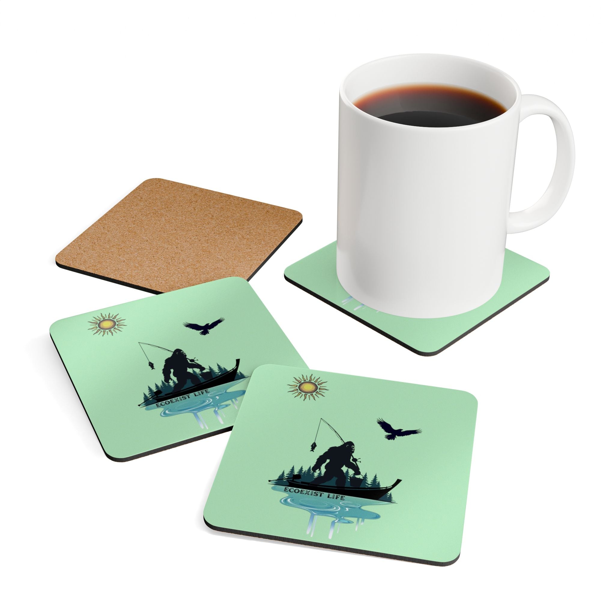 Bigfoot Fishing Cork Coaster Set — Ecoexist Life Camping Cabin Drink Coasters