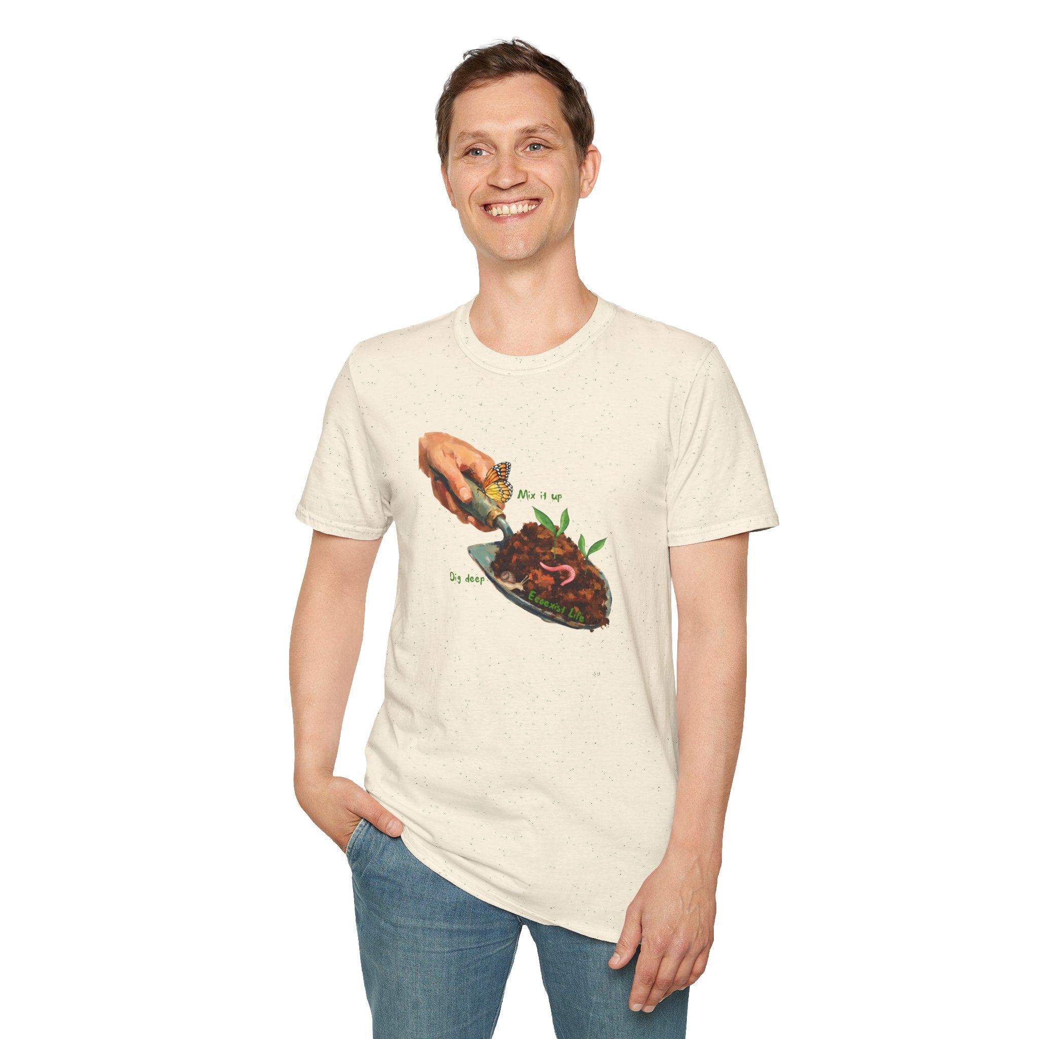 Gardener’s Trowel Tee — “Dig Deep / Mix It Up / Ecoexist Life” Gardening Graphic Shirt