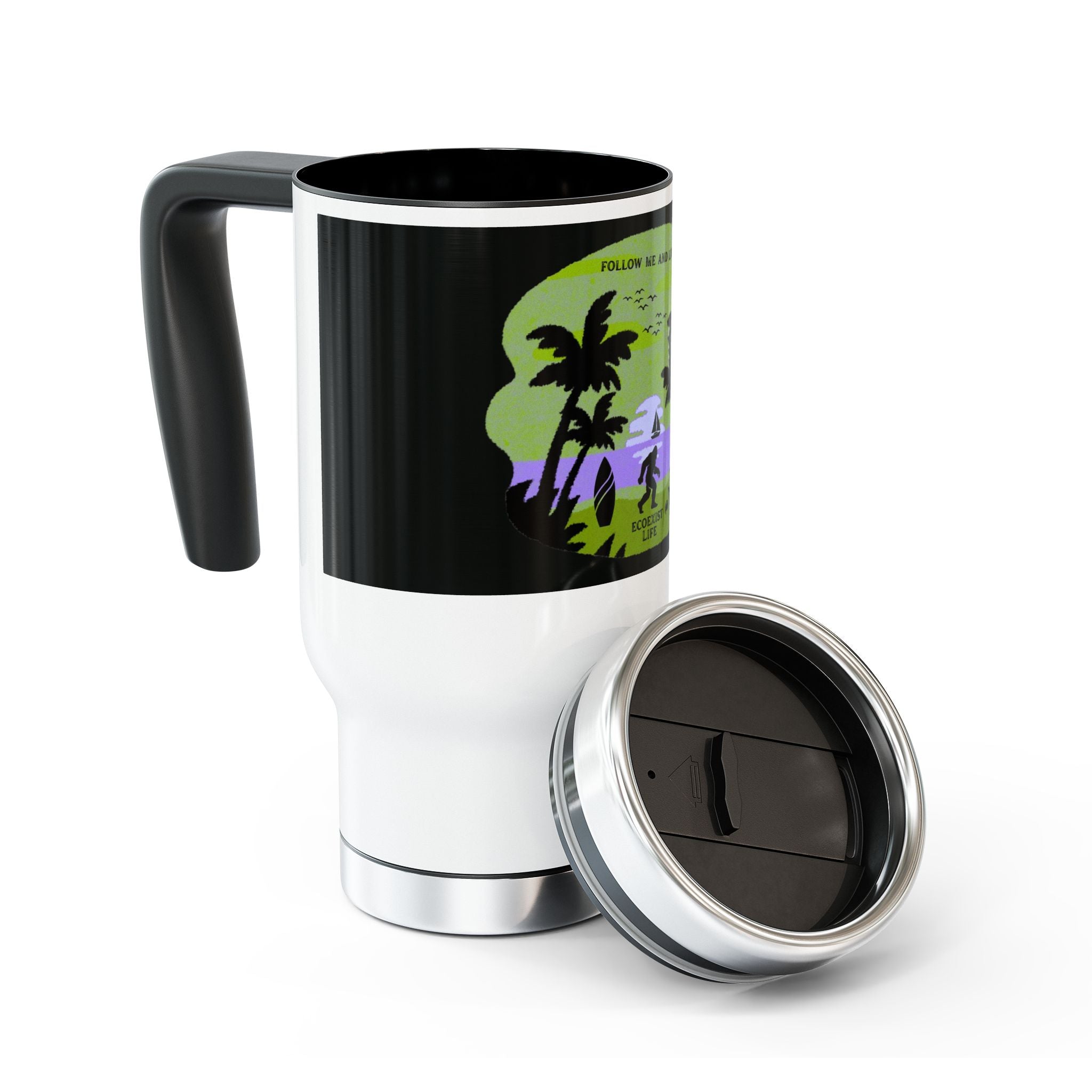 Ecoexist Life Travel Mug — Beach Sunset 'Follow Me and Live Wild' Stainless Steel 14oz