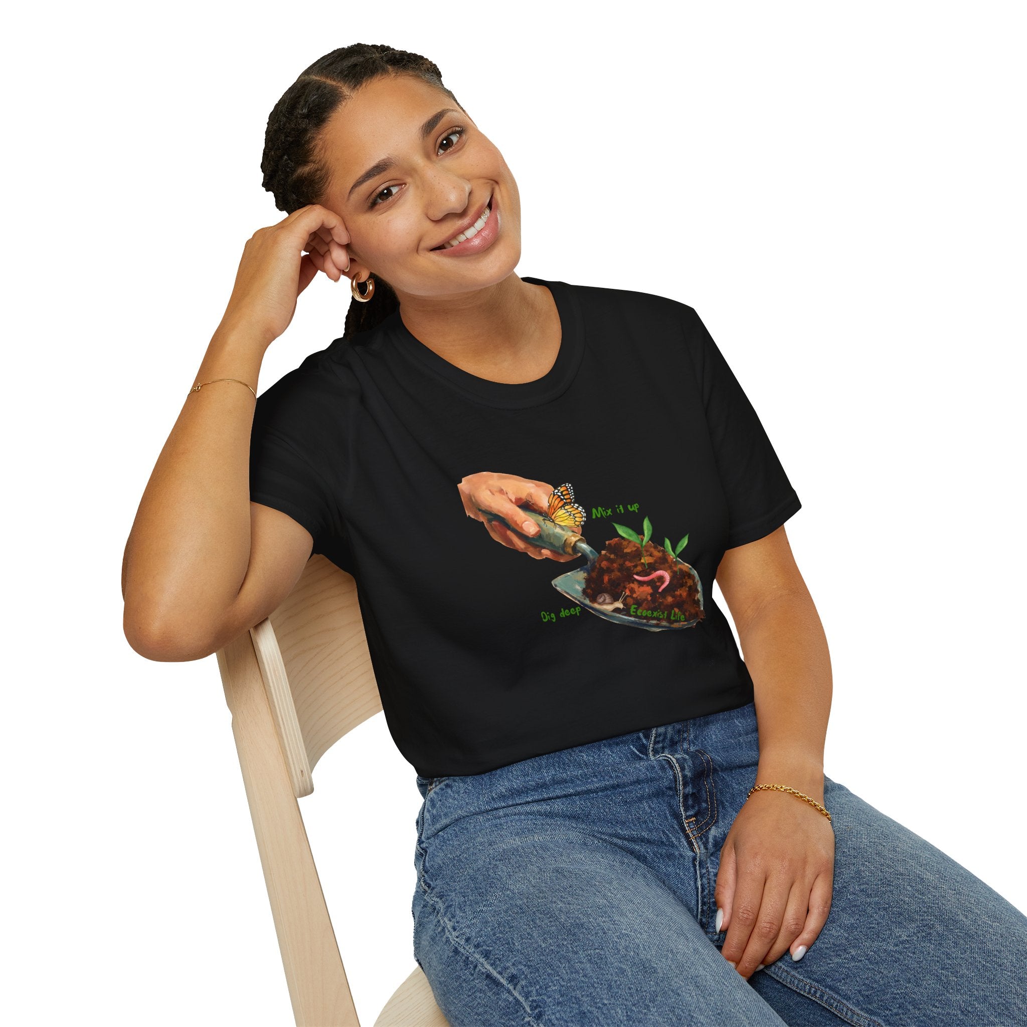 Gardener’s Trowel Tee — “Dig Deep / Mix It Up / Ecoexist Life” Gardening Graphic Shirt
