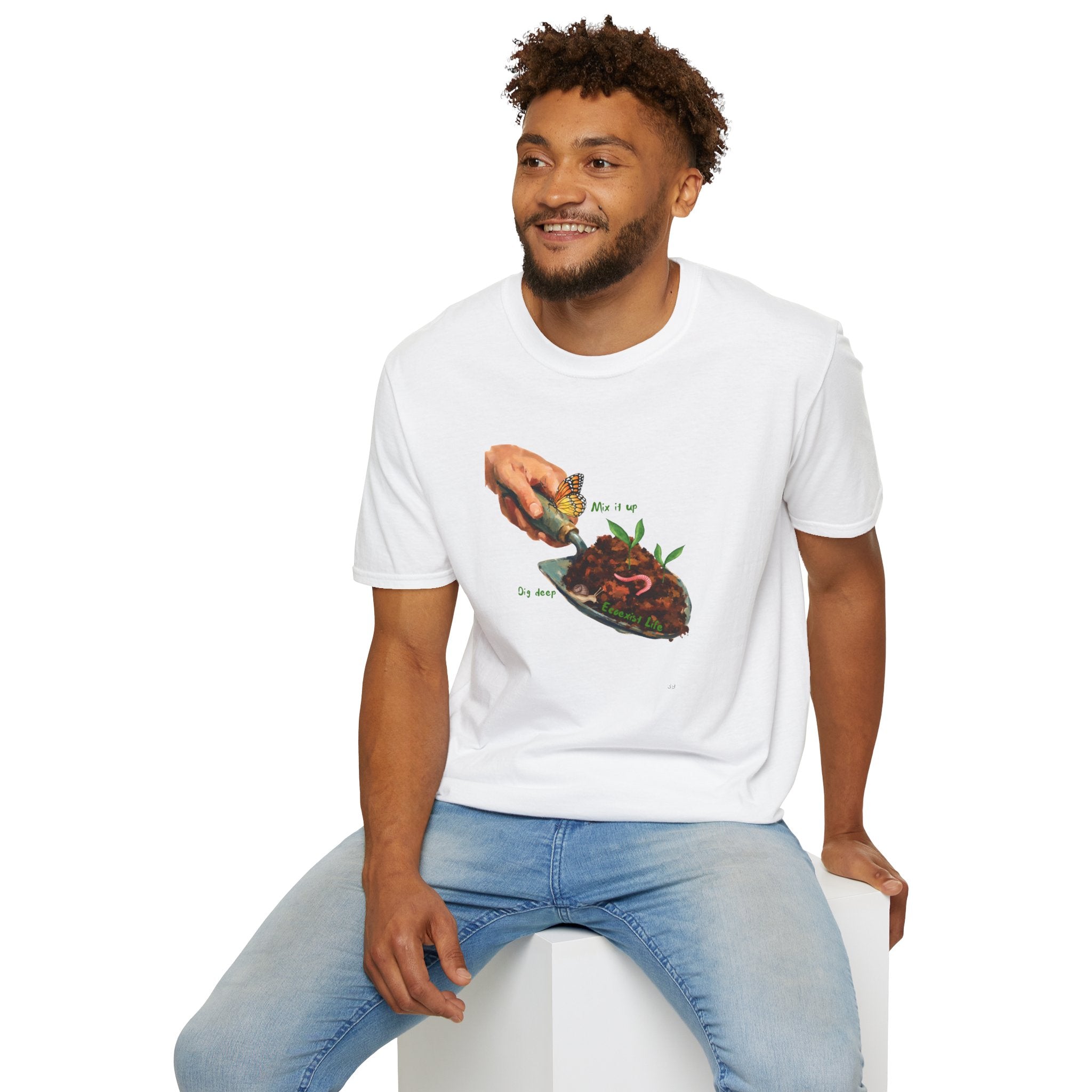 Gardener’s Trowel Tee — “Dig Deep / Mix It Up / Ecoexist Life” Gardening Graphic Shirt