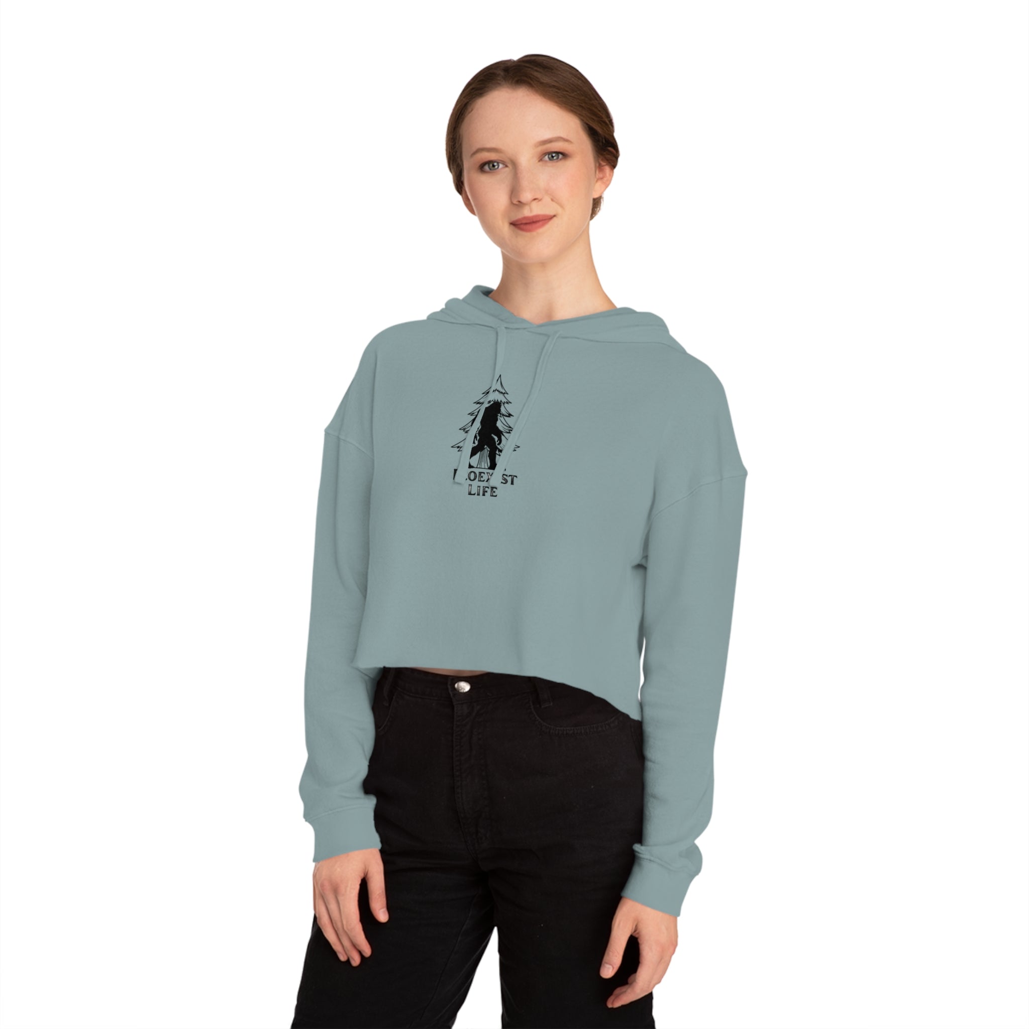 EcoExist Cropped Hoodie – Women’s Nature Lover Hoodie with Bigfoot Tree Design