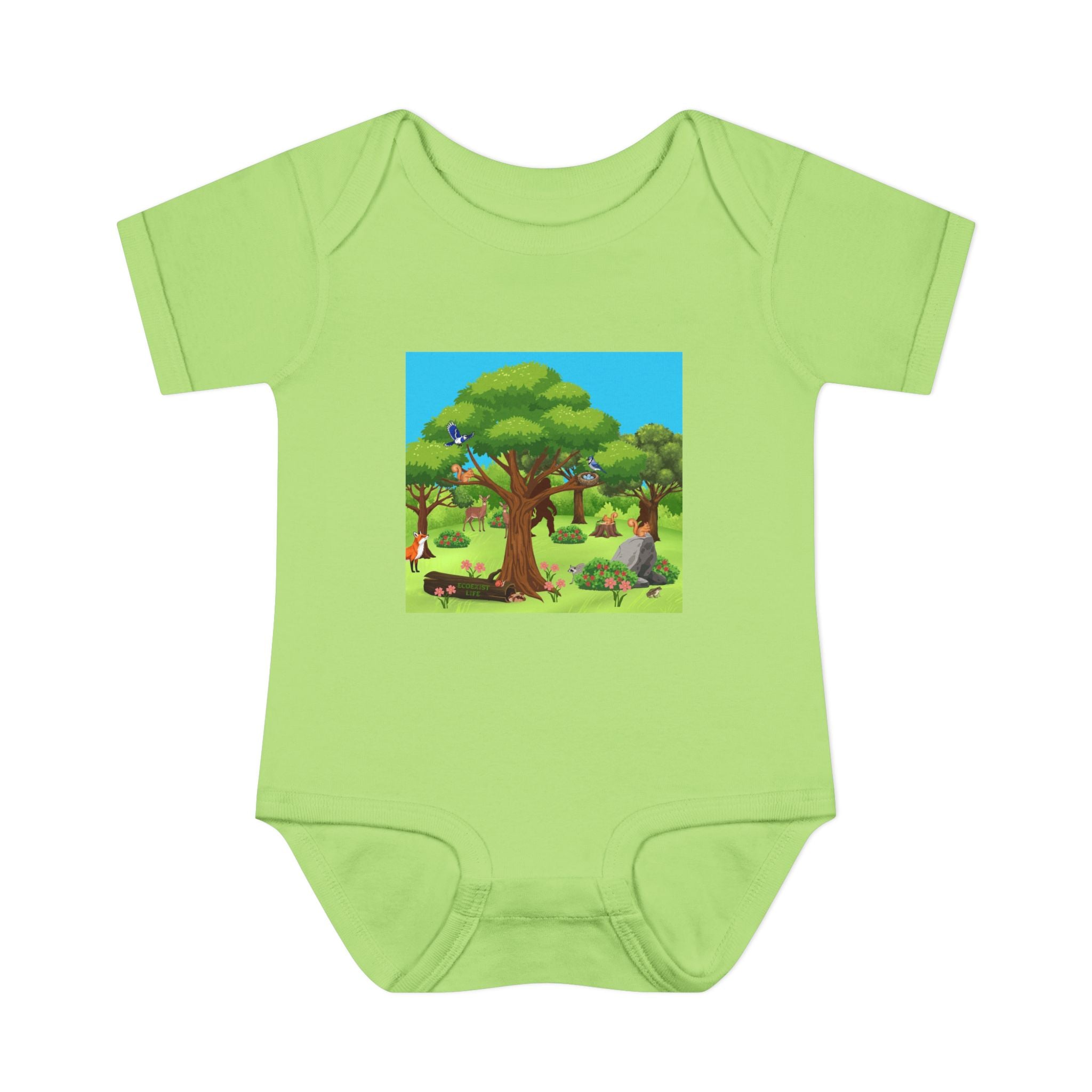 Baby Bodysuit with Woodland Animals Print/Bigfoot/Ecoexist Life — Cute Forest Nursery Onesie