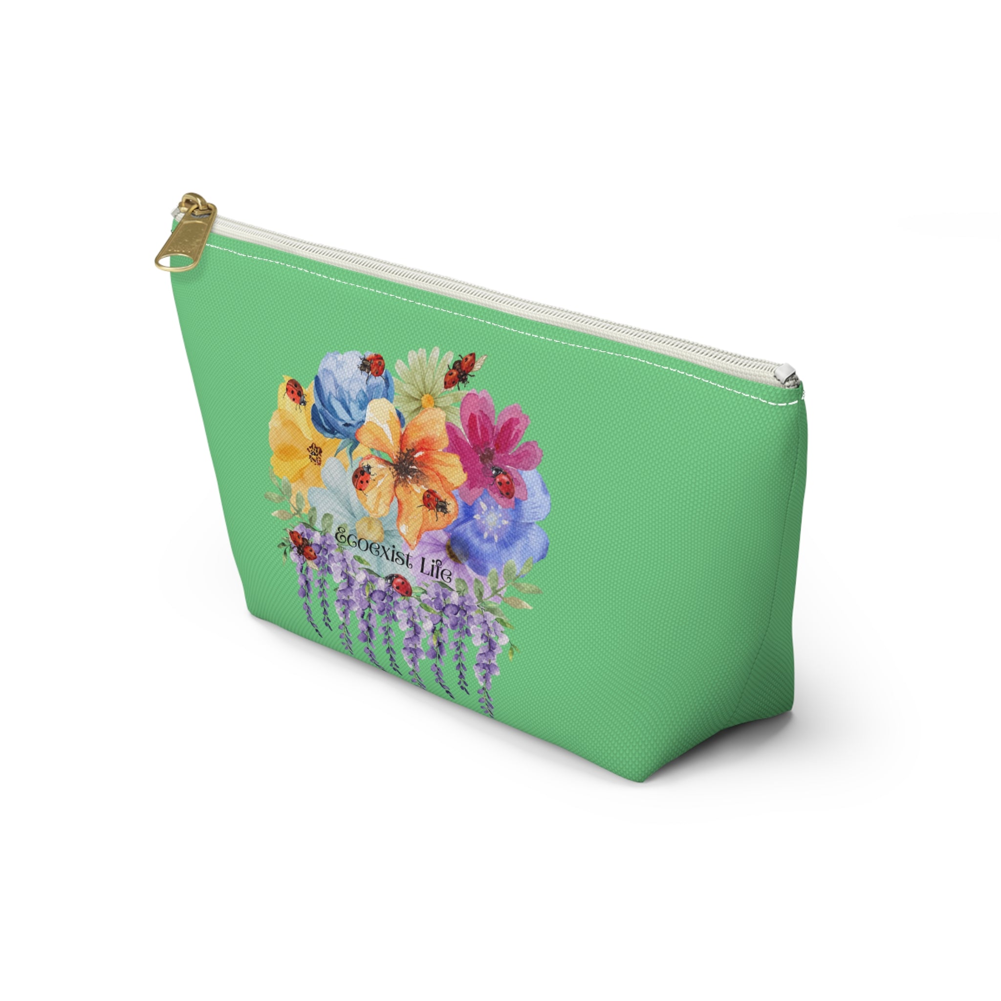 Floral Pansy Accessory Pouch —Ecoexist Life Green T‑Bottom Makeup Bag