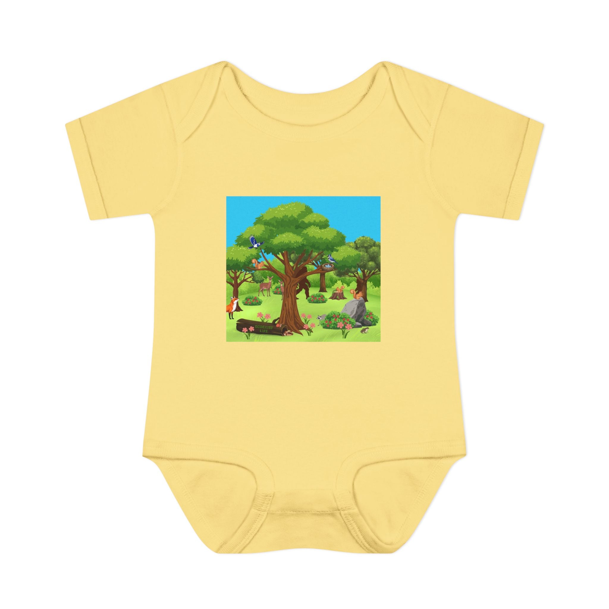 Baby Bodysuit with Woodland Animals Print/Bigfoot/Ecoexist Life — Cute Forest Nursery Onesie