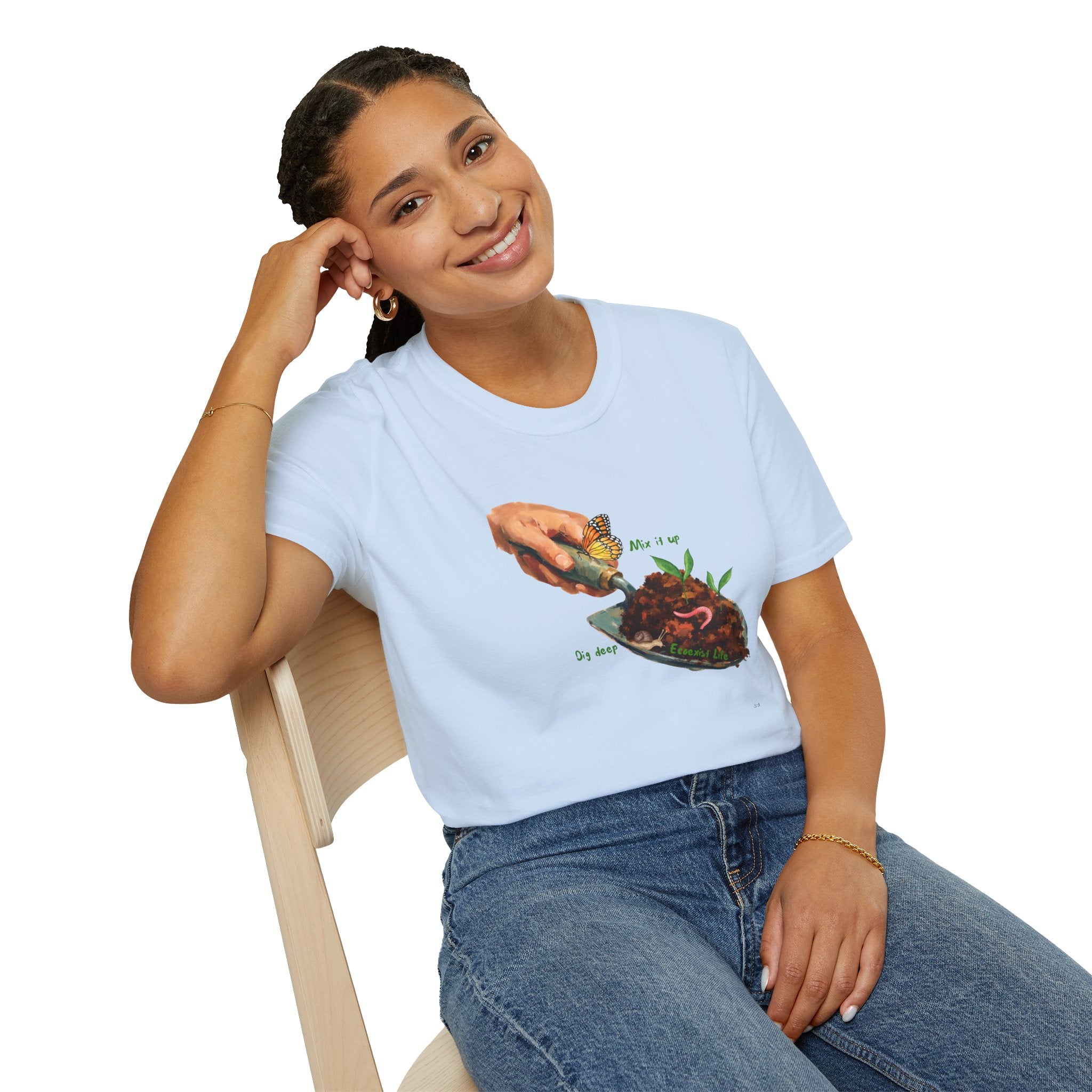 Gardener’s Trowel Tee — “Dig Deep / Mix It Up / Ecoexist Life” Gardening Graphic Shirt