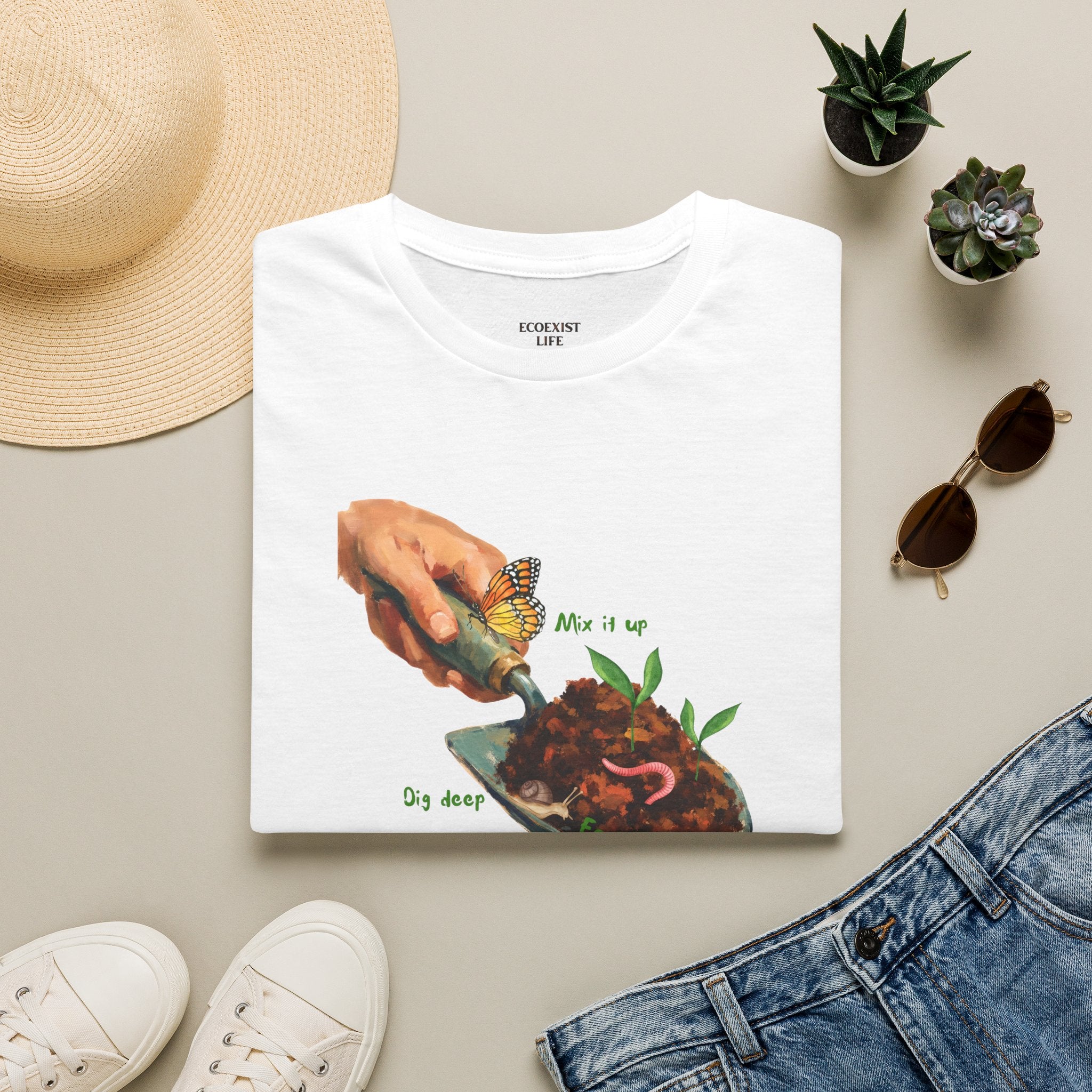 Gardener’s Trowel Tee — “Dig Deep / Mix It Up / Ecoexist Life” Gardening Graphic Shirt