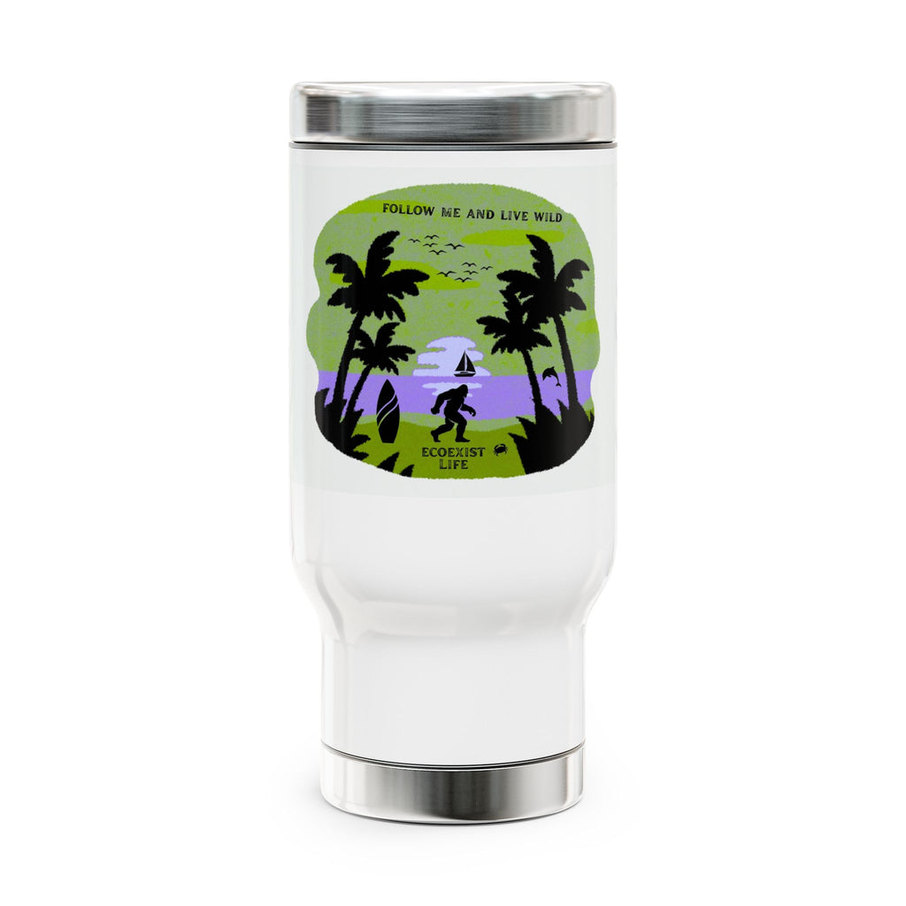 Ecoexist Life Travel Mug — Beach Sunset 'Follow Me and Live Wild' Stainless Steel 14oz