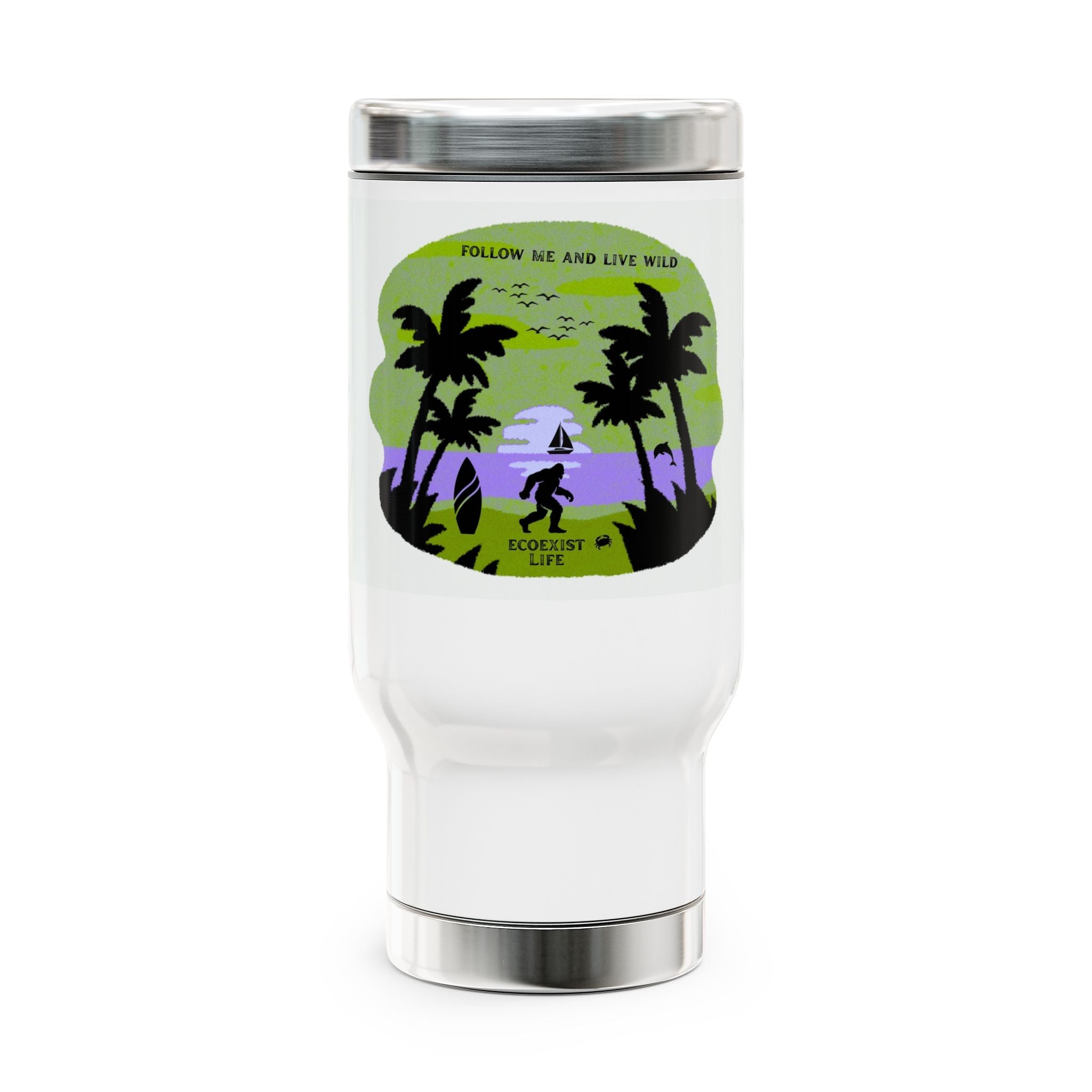 Ecoexist Life Travel Mug — Beach Sunset 'Follow Me and Live Wild' Stainless Steel 14oz