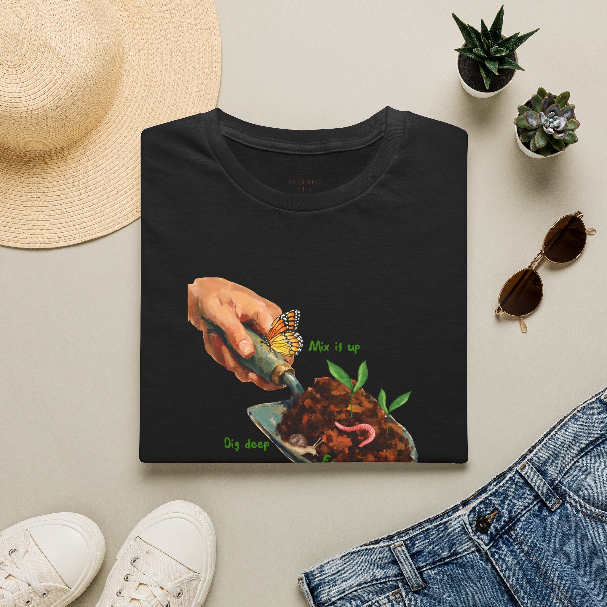 Gardener’s Trowel Tee — “Dig Deep / Mix It Up / Ecoexist Life” Gardening Graphic Shirt