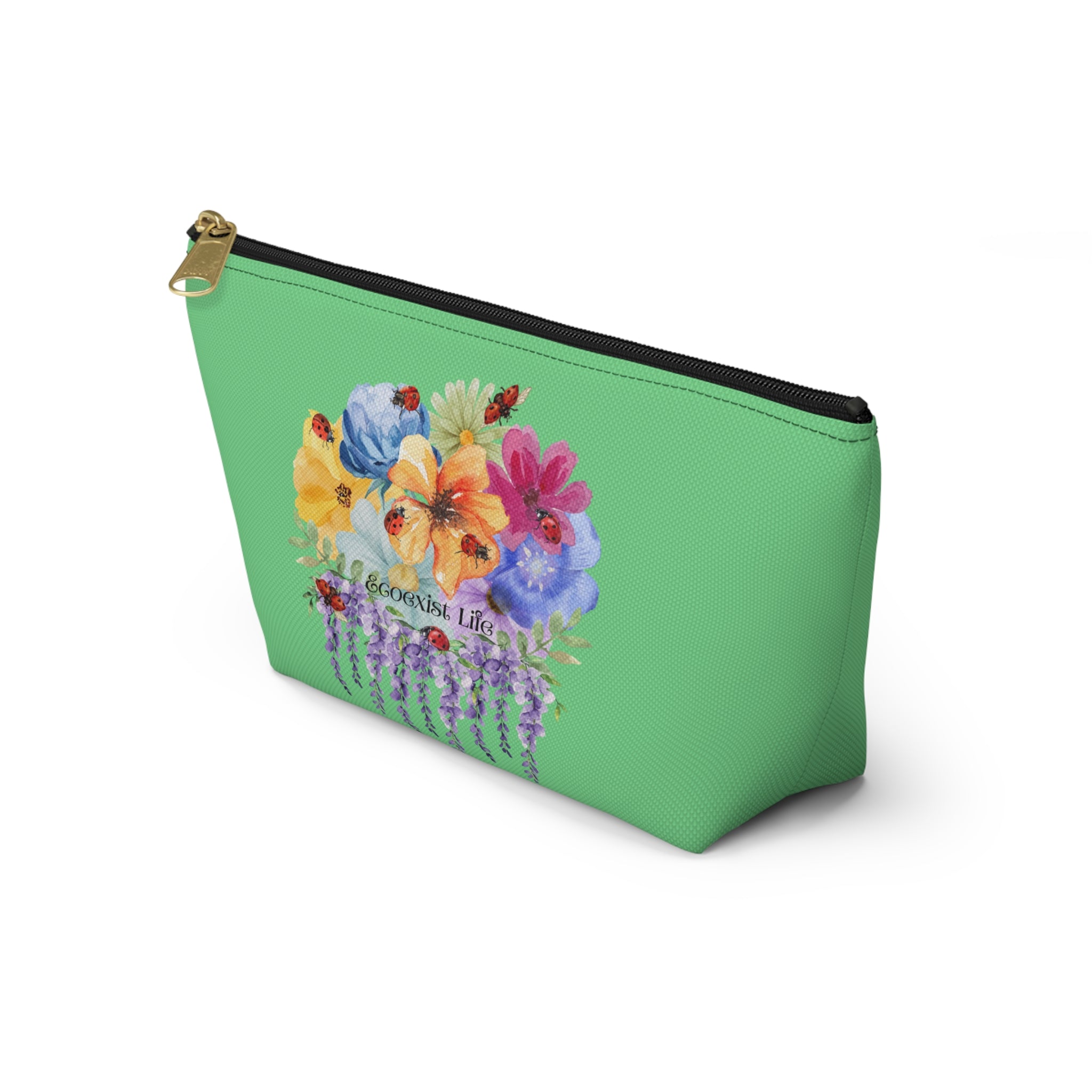 Floral Pansy Accessory Pouch —Ecoexist Life Green T‑Bottom Makeup Bag