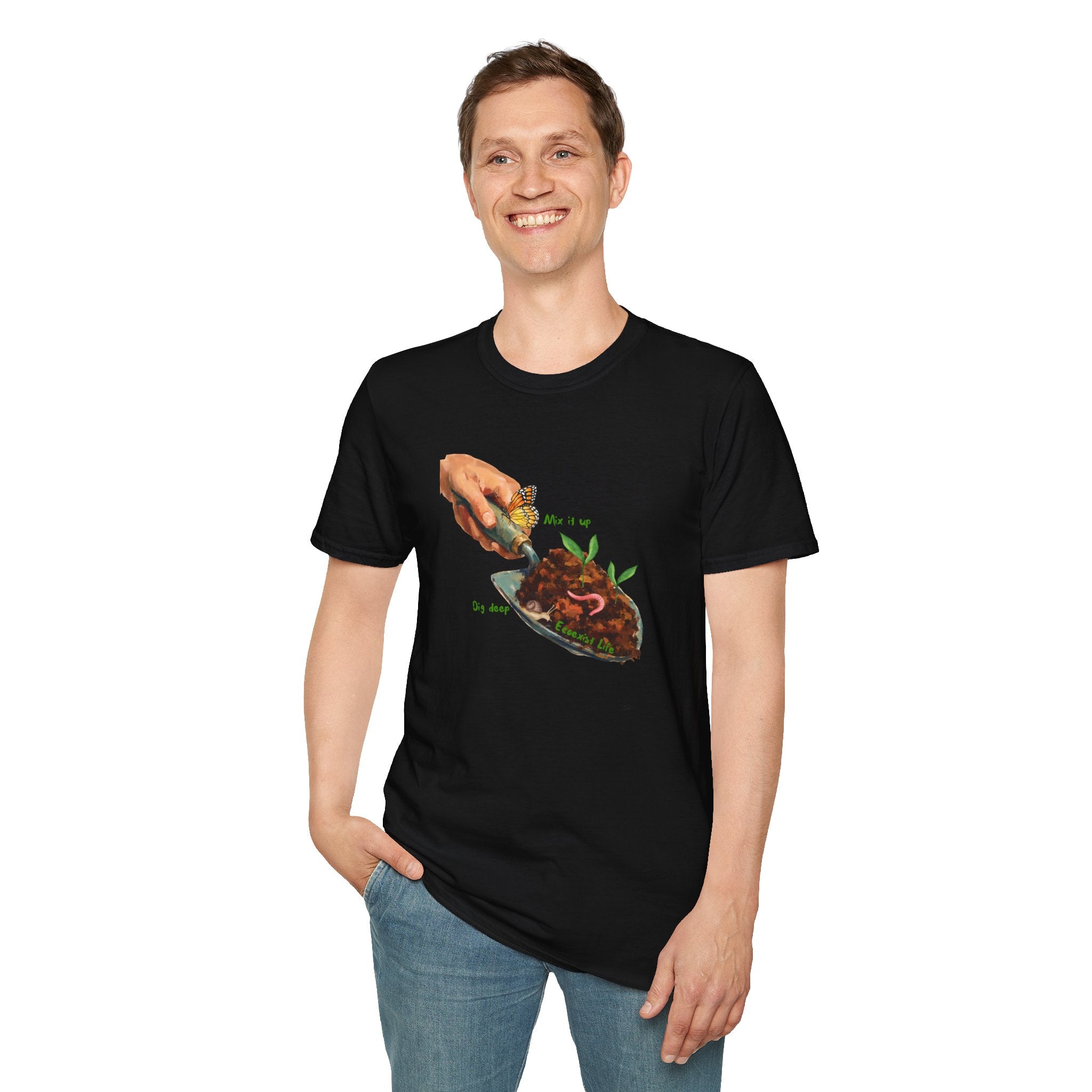 Gardener’s Trowel Tee — “Dig Deep / Mix It Up / Ecoexist Life” Gardening Graphic Shirt