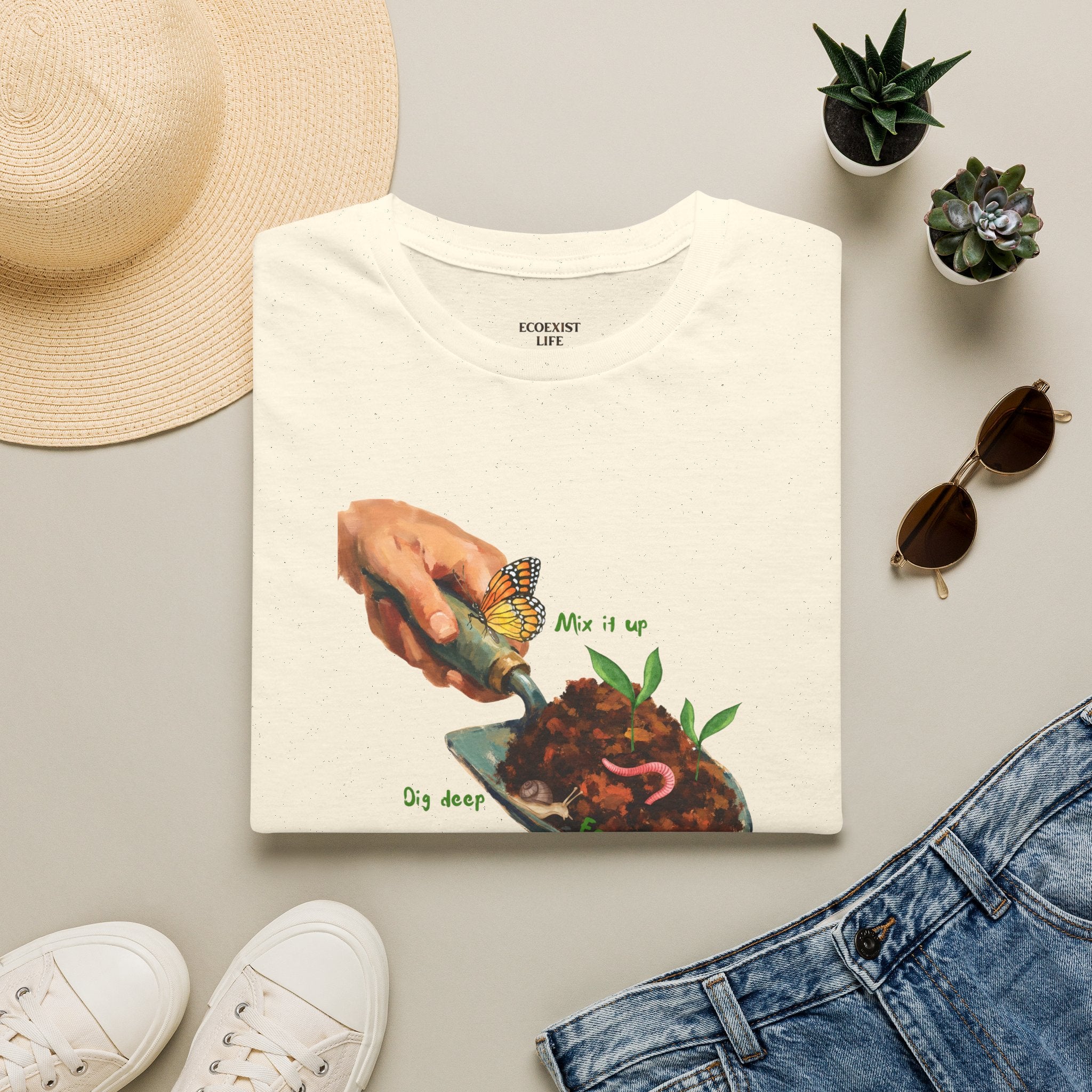 Gardener’s Trowel Tee — “Dig Deep / Mix It Up / Ecoexist Life” Gardening Graphic Shirt