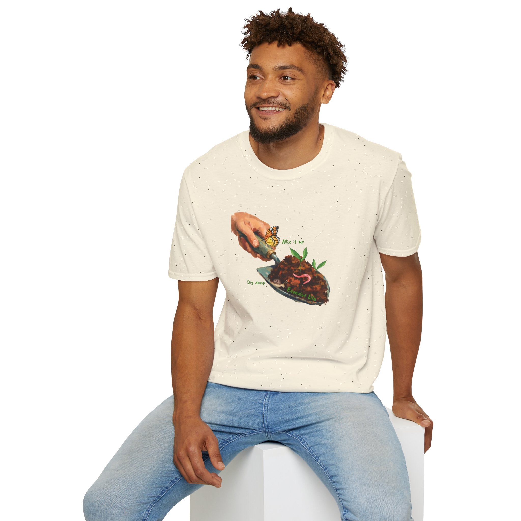 Gardener’s Trowel Tee — “Dig Deep / Mix It Up / Ecoexist Life” Gardening Graphic Shirt