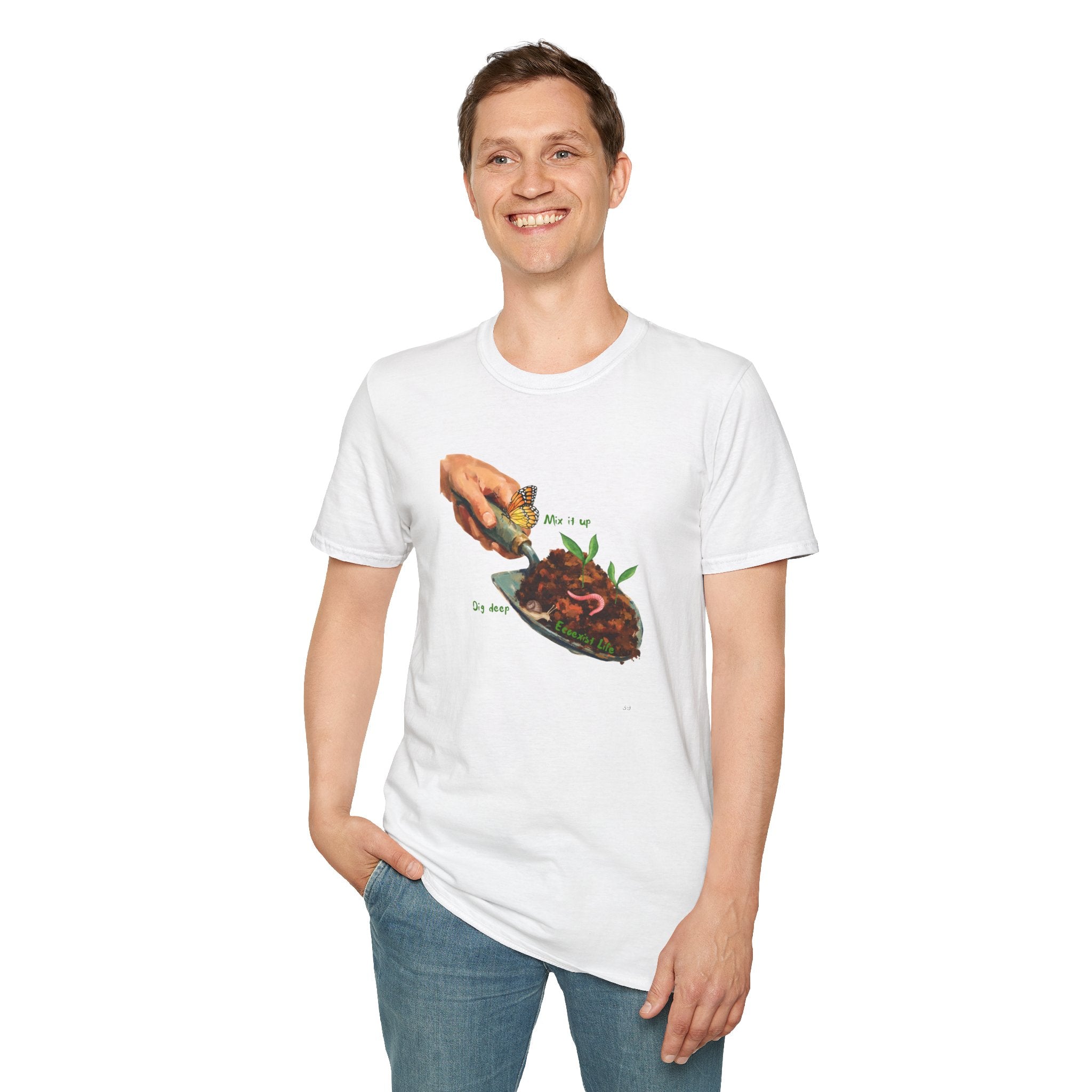 Gardener’s Trowel Tee — “Dig Deep / Mix It Up / Ecoexist Life” Gardening Graphic Shirt