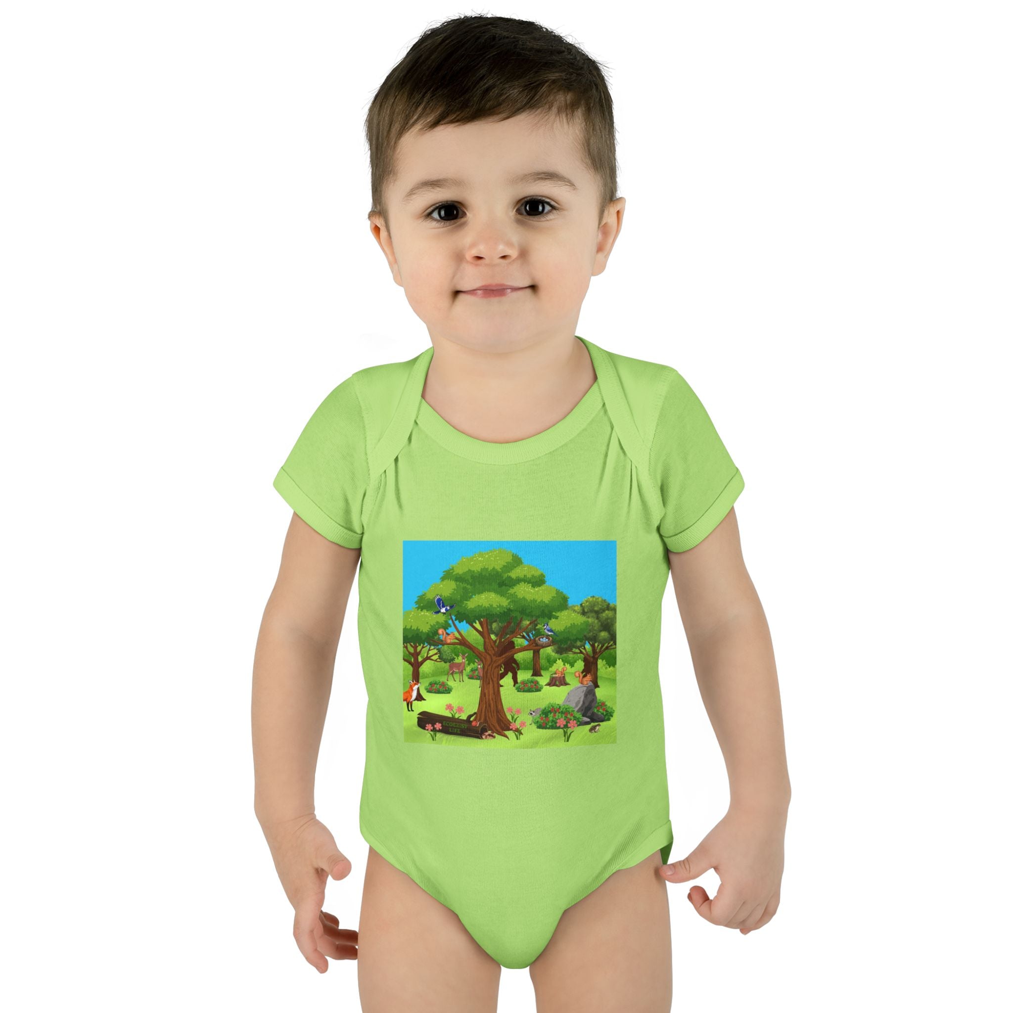 Baby Bodysuit with Woodland Animals Print/Bigfoot/Ecoexist Life — Cute Forest Nursery Onesie