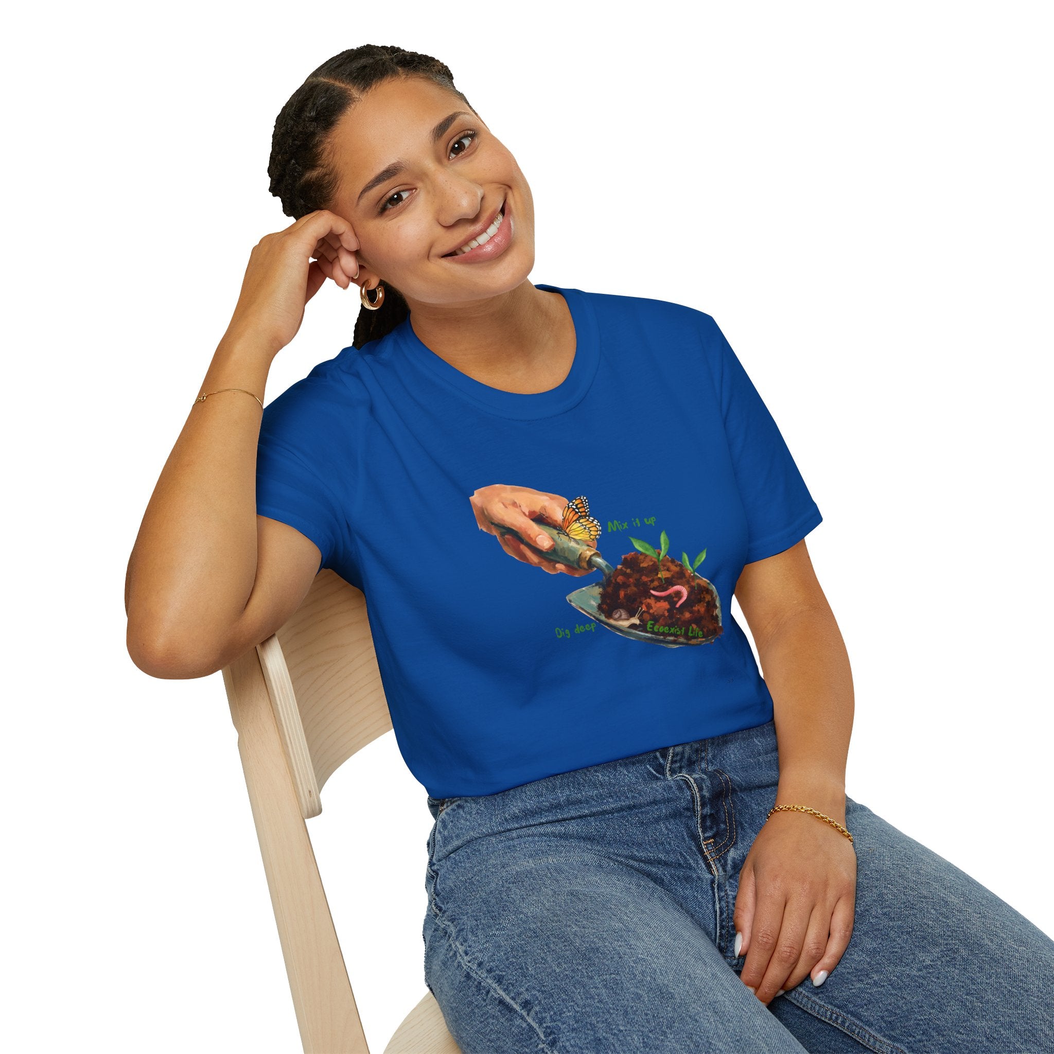 Gardener’s Trowel Tee — “Dig Deep / Mix It Up / Ecoexist Life” Gardening Graphic Shirt