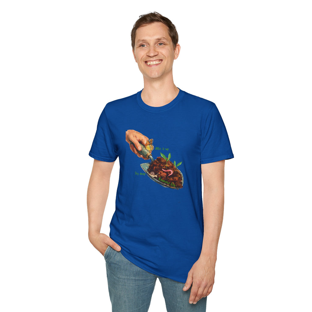 Gardener’s Trowel Tee — “Dig Deep / Mix It Up / Ecoexist Life” Gardening Graphic Shirt