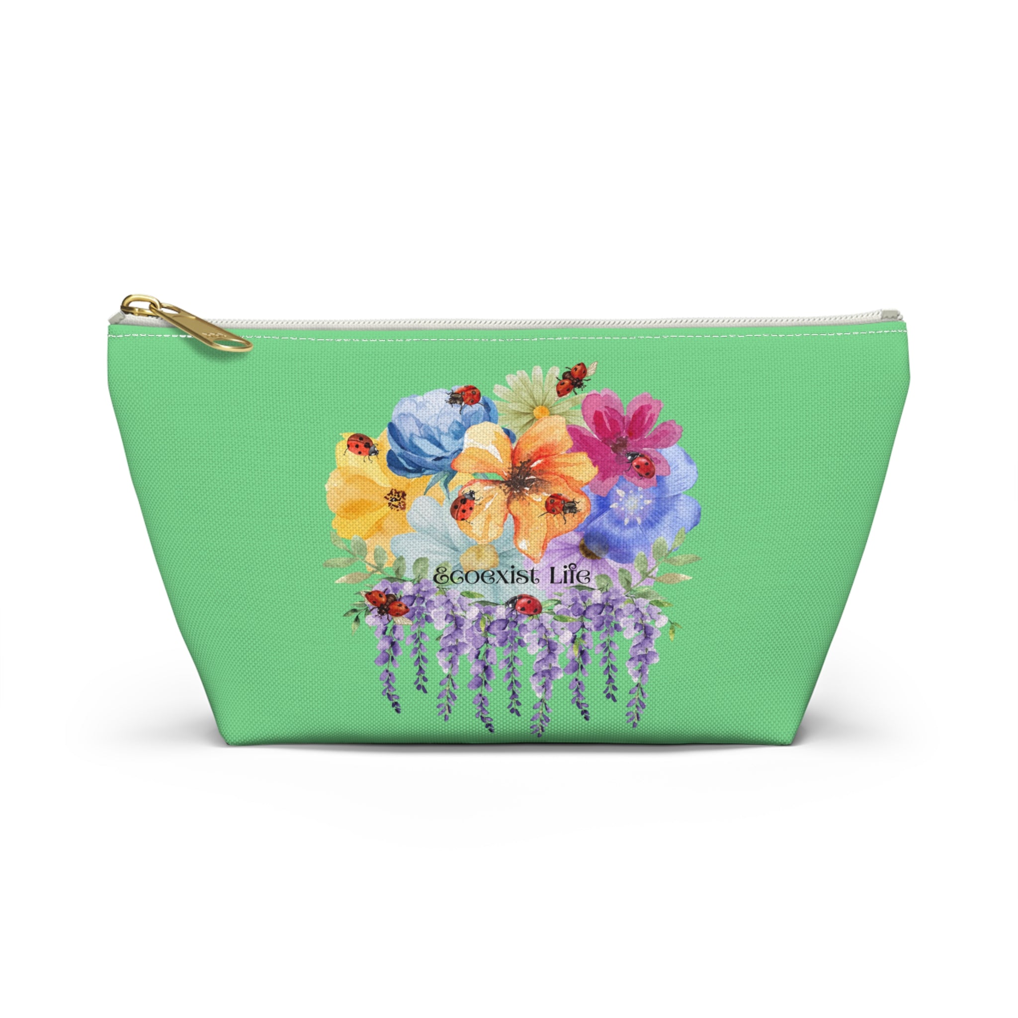 Floral Pansy Accessory Pouch —Ecoexist Life Green T‑Bottom Makeup Bag
