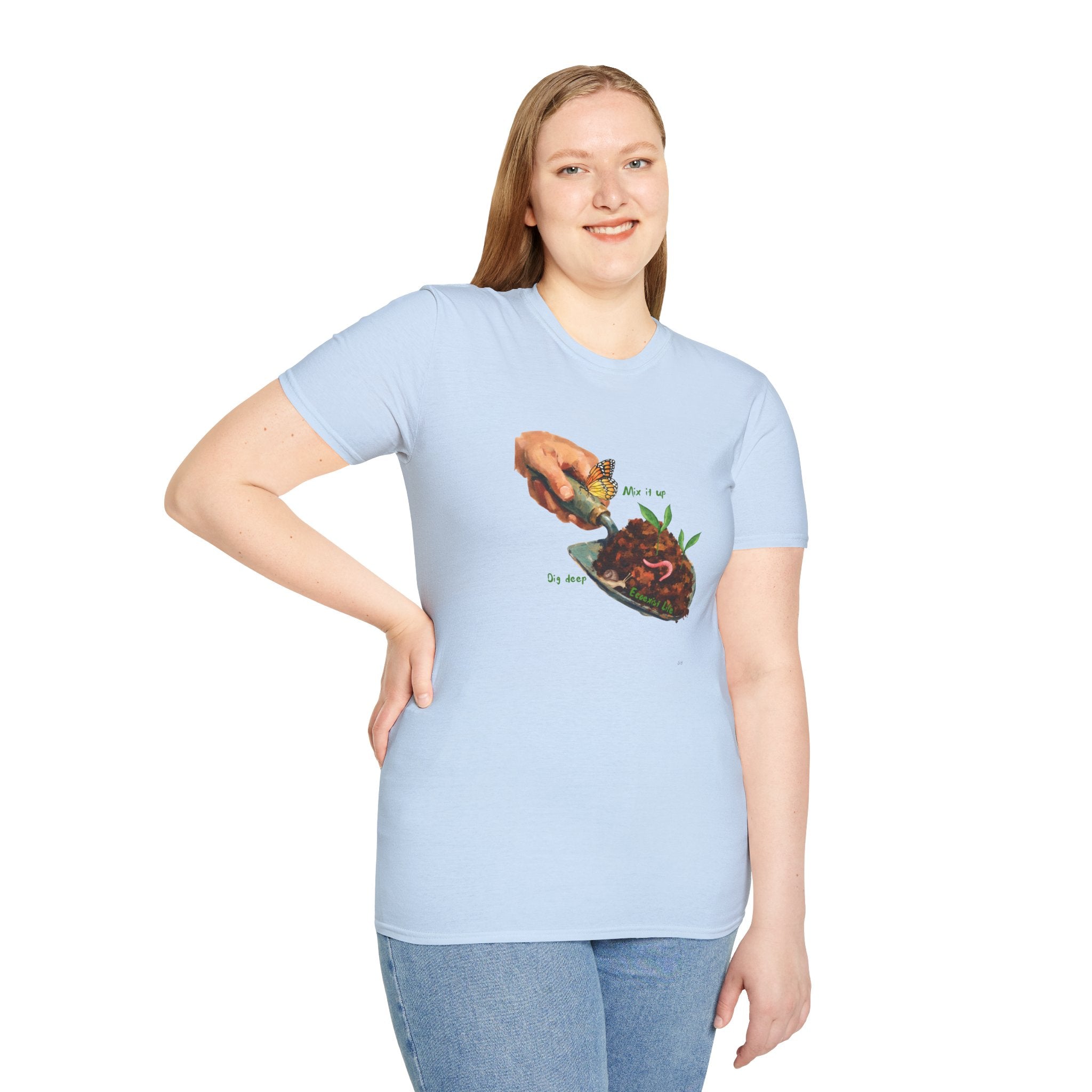 Gardener’s Trowel Tee — “Dig Deep / Mix It Up / Ecoexist Life” Gardening Graphic Shirt