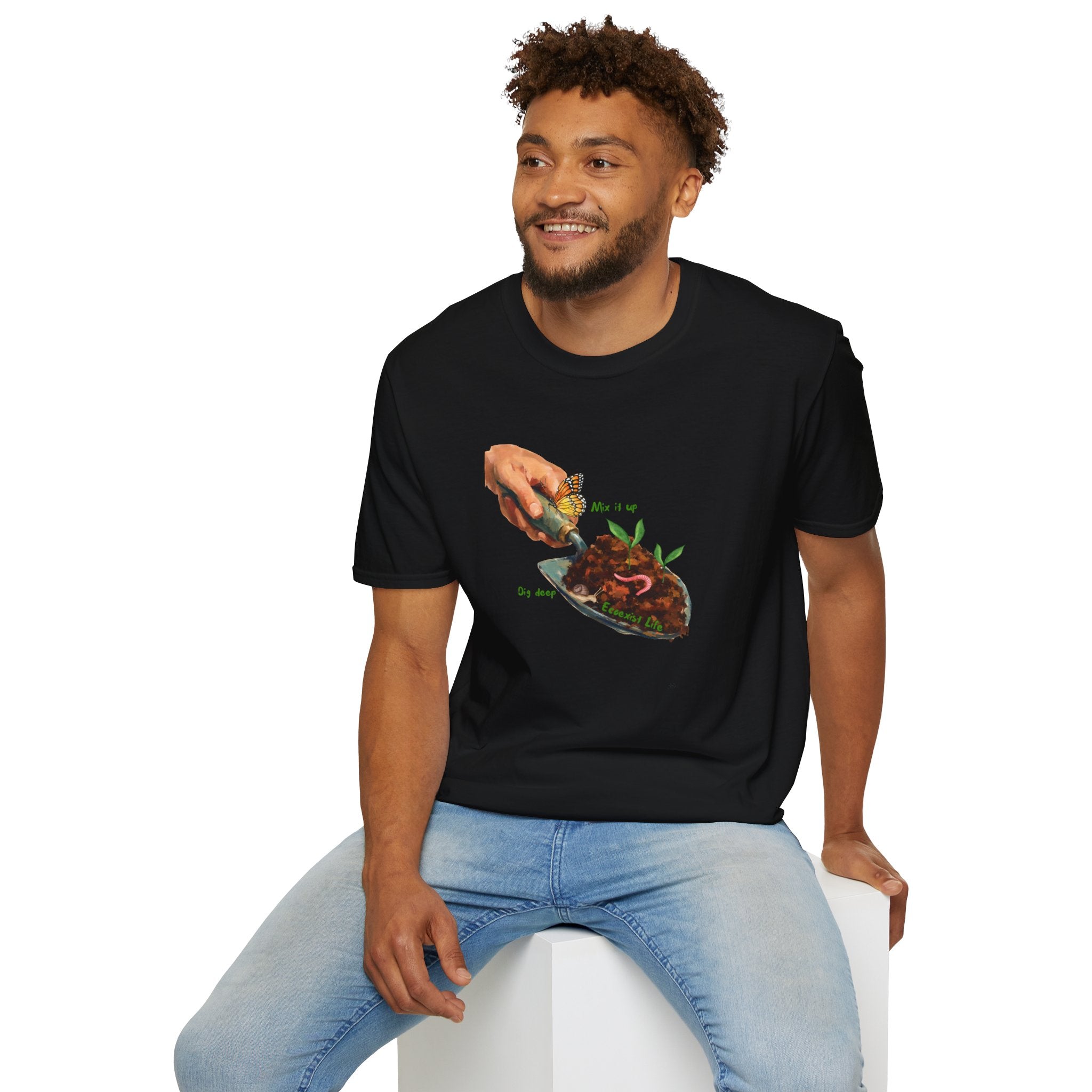 Gardener’s Trowel Tee — “Dig Deep / Mix It Up / Ecoexist Life” Gardening Graphic Shirt
