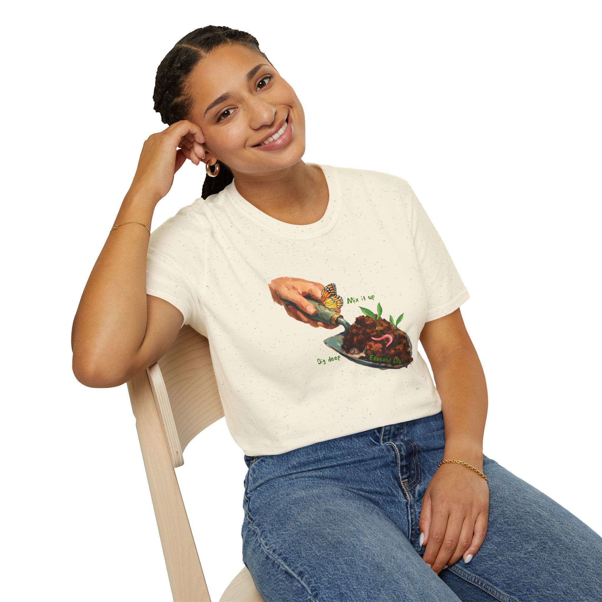 Gardener’s Trowel Tee — “Dig Deep / Mix It Up / Ecoexist Life” Gardening Graphic Shirt